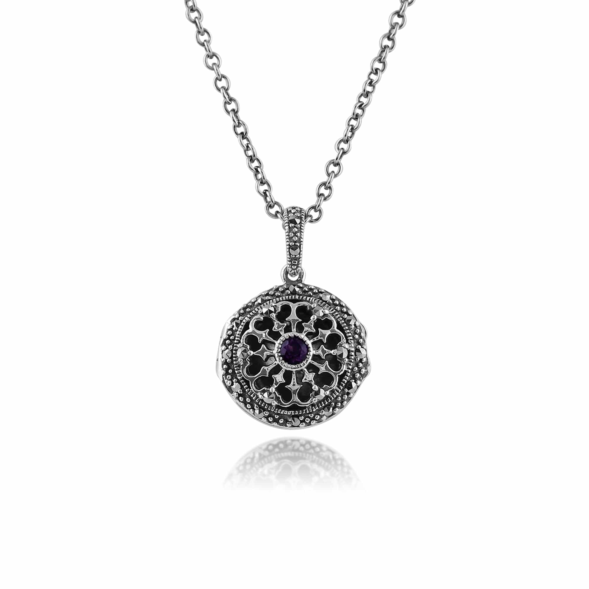 Product photograph of Art Nouveau Style Round Amethyst Marcasite Locket On Chain In 925 Sterling Silver from Gemondo Jewellery