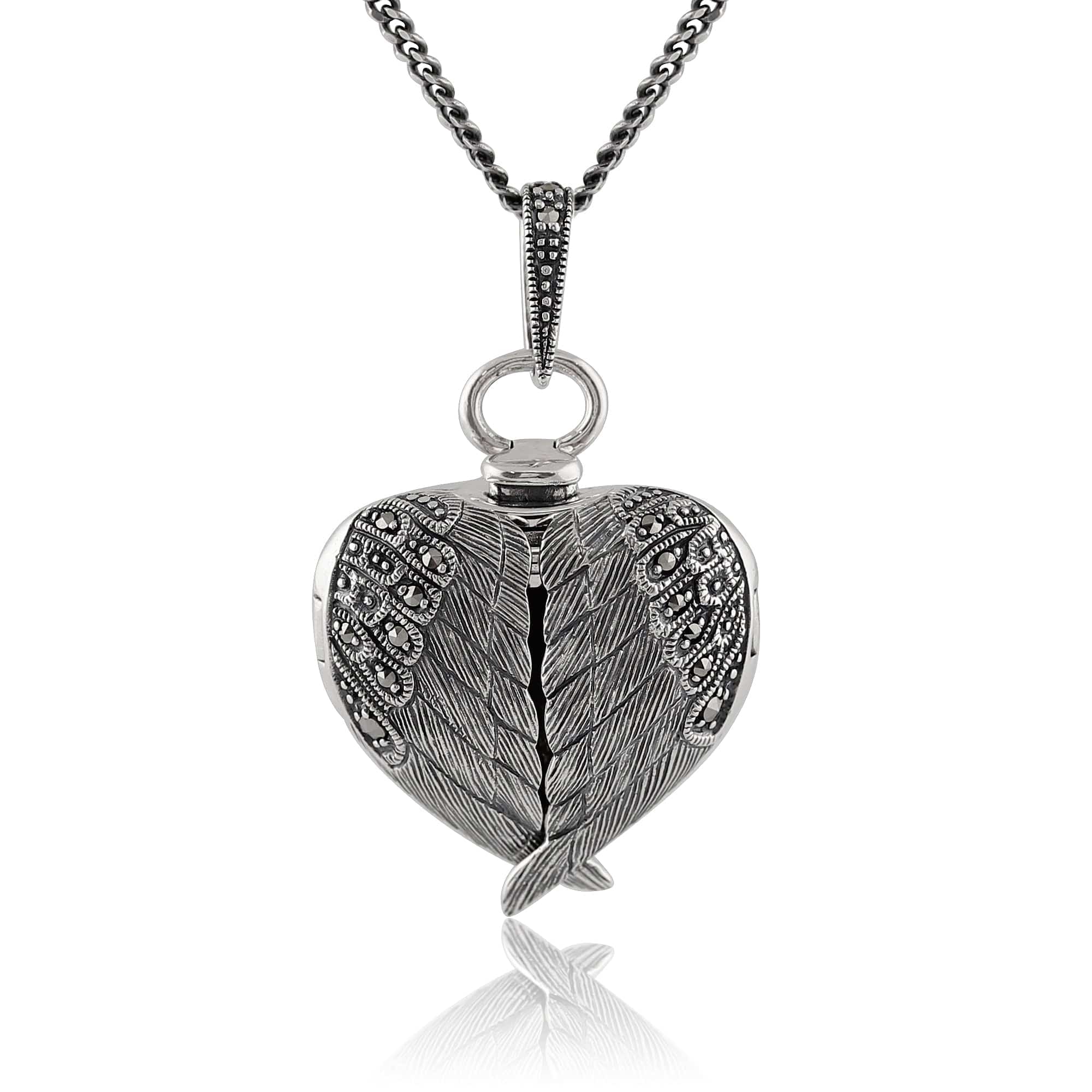 Product photograph of Art Nouveau Style Round Marcasite Angel Wing Heart Locket On Chain In 925 Sterling Silver from Gemondo Jewellery