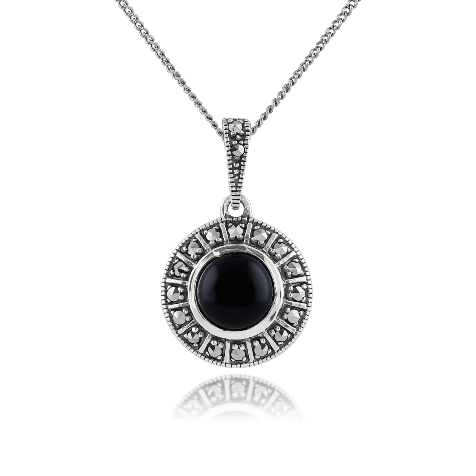 Product photograph of Art Deco Style Round Black Onyx Cabochon Marcasite Pendant In Sterling Silver from Gemondo Jewellery