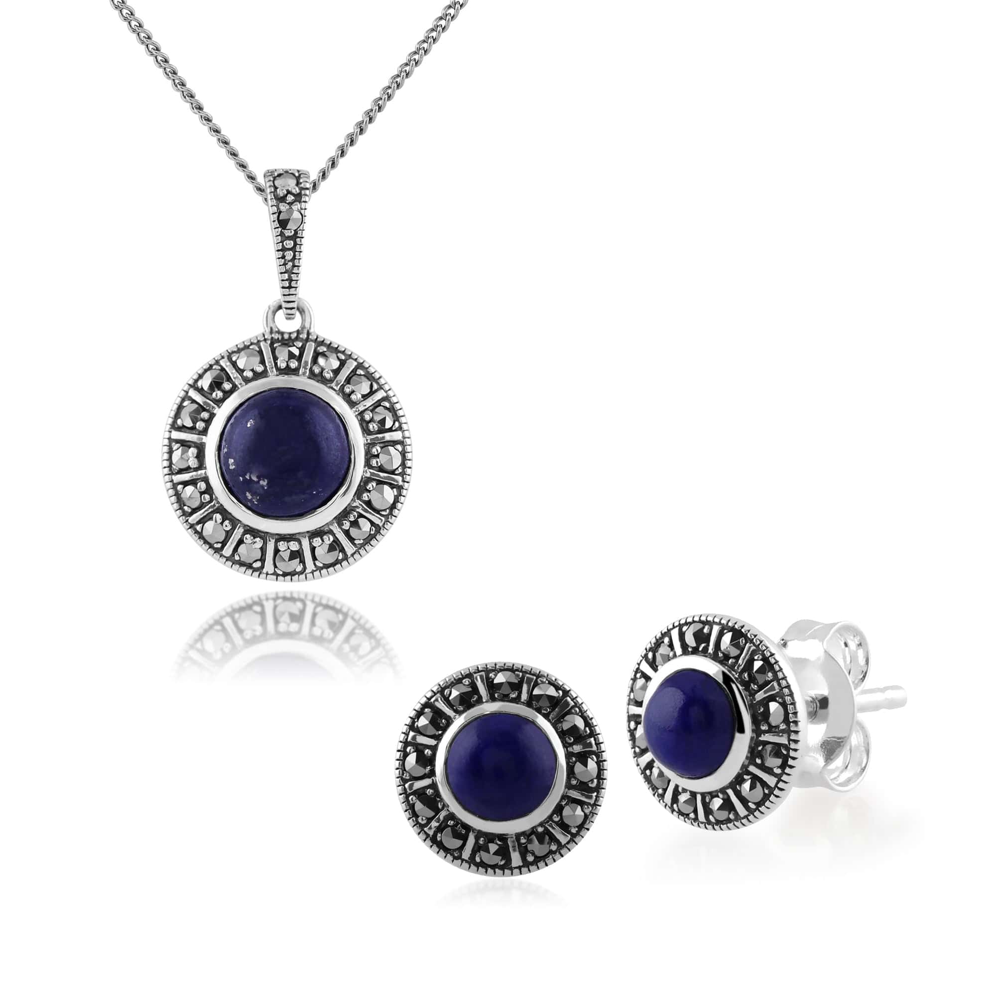 Image of Art Deco Style Round Lapis Lazuli & Marcasite Halo Stud Earrings & Pendant Set in 925 Sterling Silver