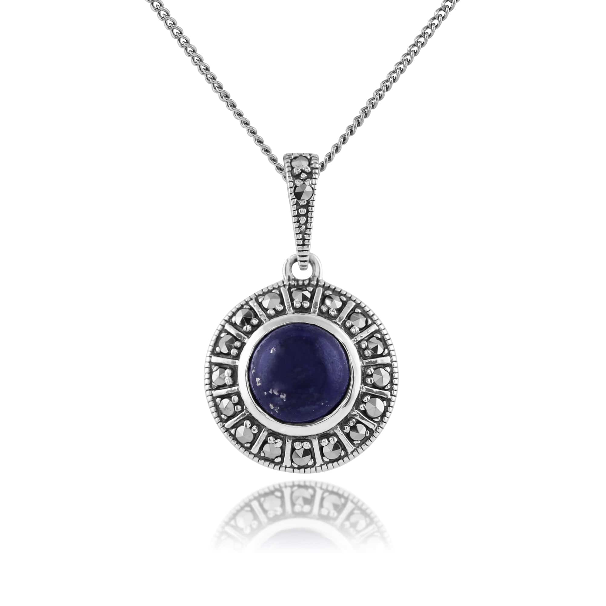 Image of Art Deco Style Round Lapis Lazuli Cabochon & Marcasite Pendant in 925 Sterling Silver