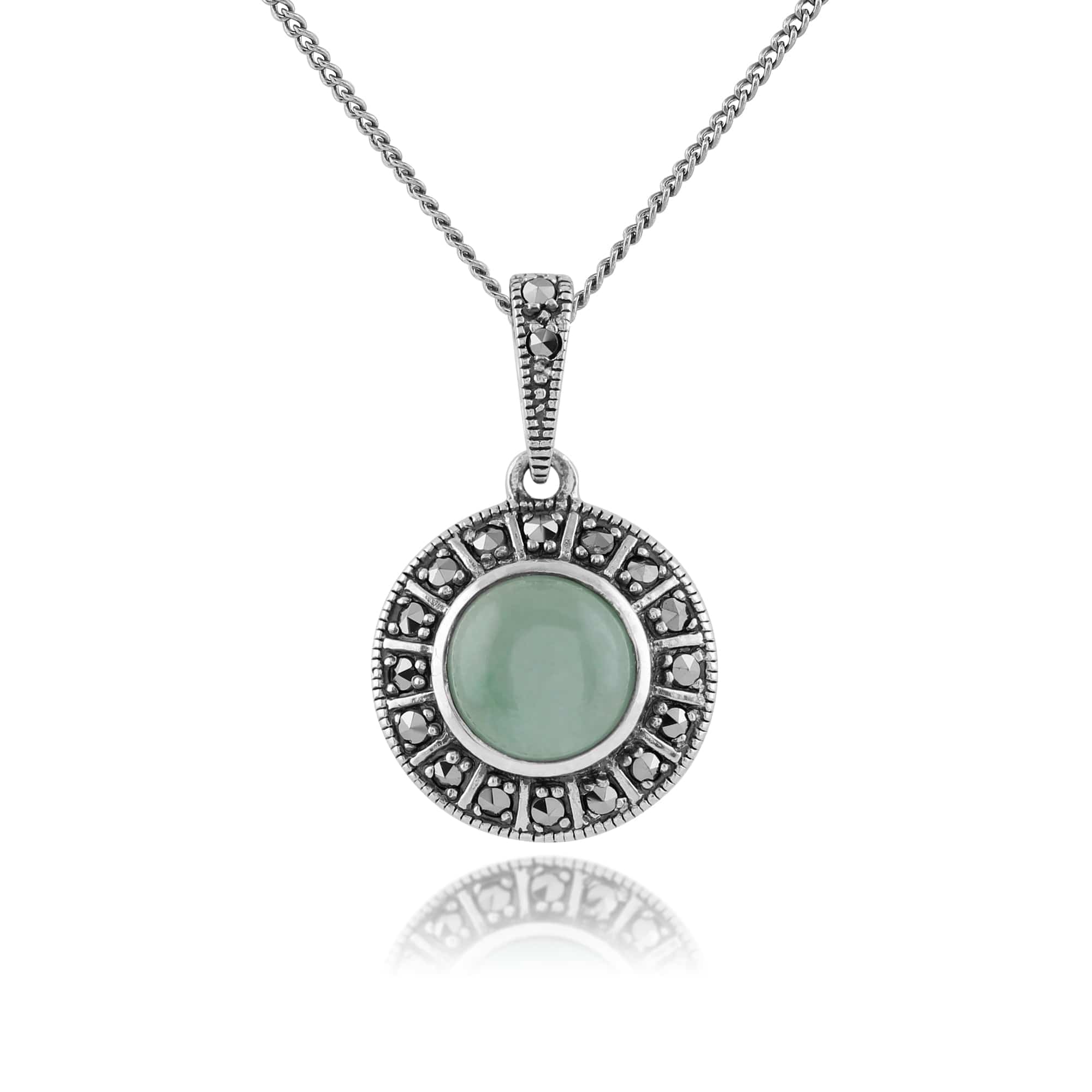 Product photograph of Art Deco Style Round Green Jade Cabochon Marcasite Pendant In 925 Sterling Silver from Gemondo Jewellery