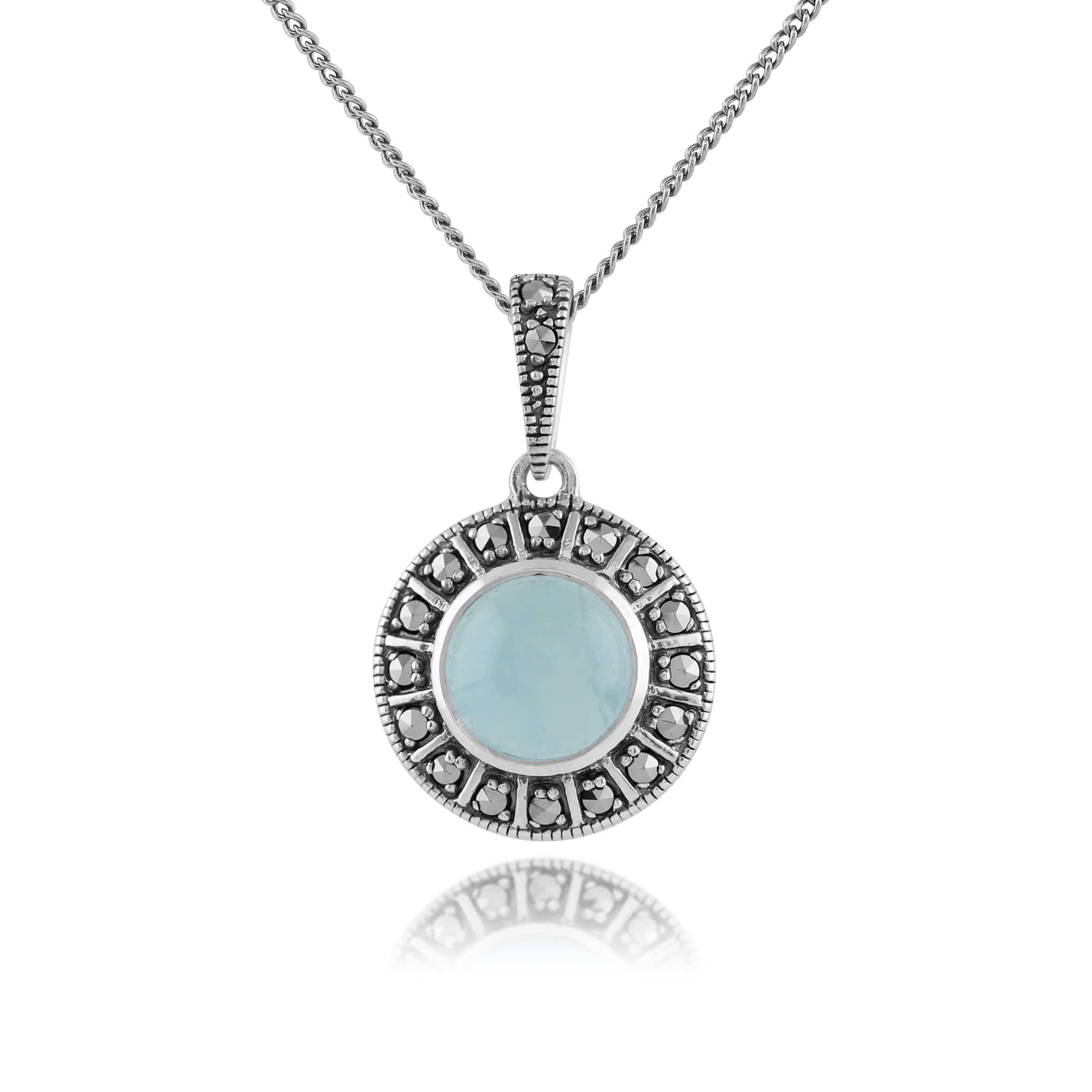 Image of Art Deco Style Round Milky Aquamarine Cabochon & Marcasite Pendant in 925 Sterling Silver