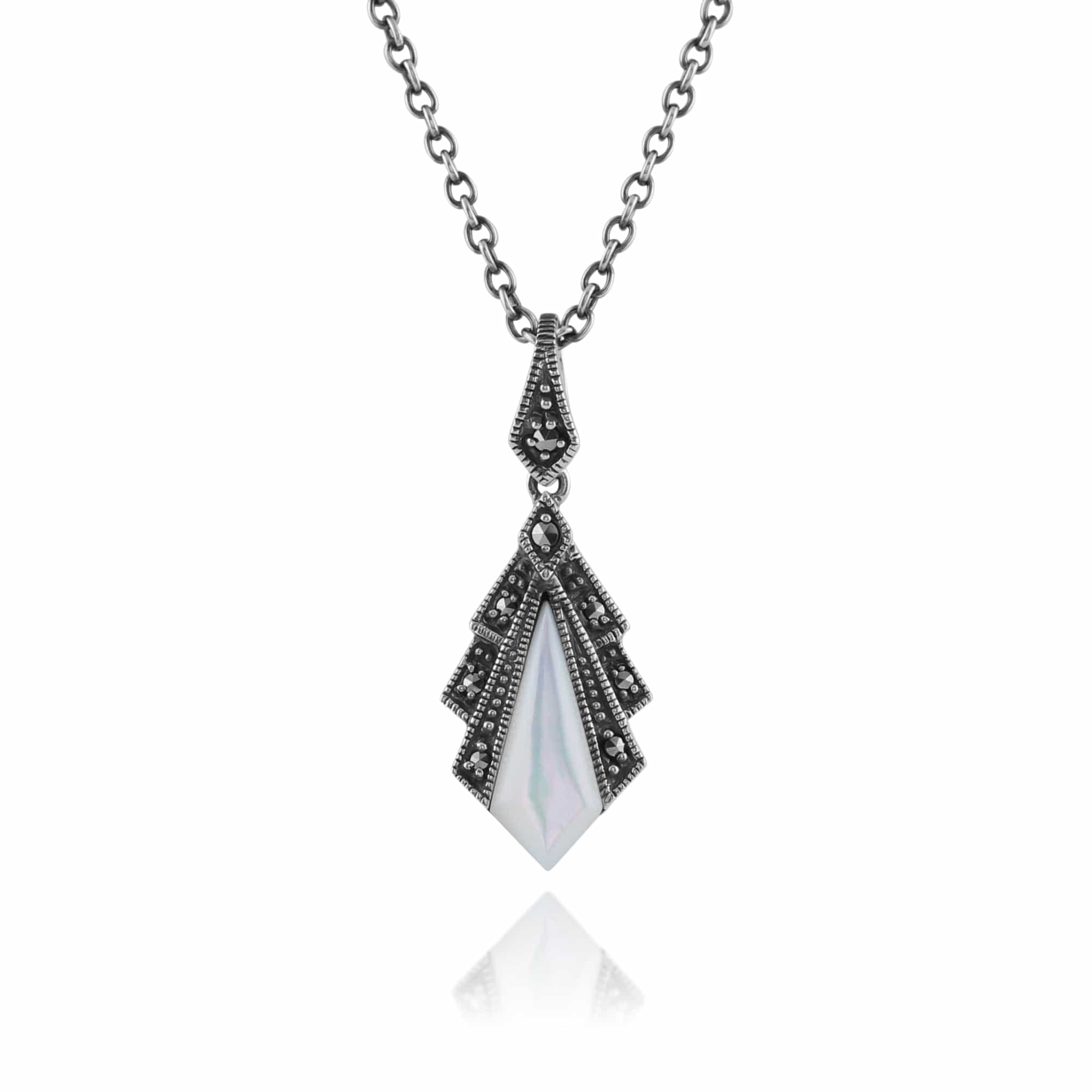 Product photograph of Art Deco Style Mother Of Pearl Marcasite Pendant In 925 Sterling Silver from Gemondo Jewellery