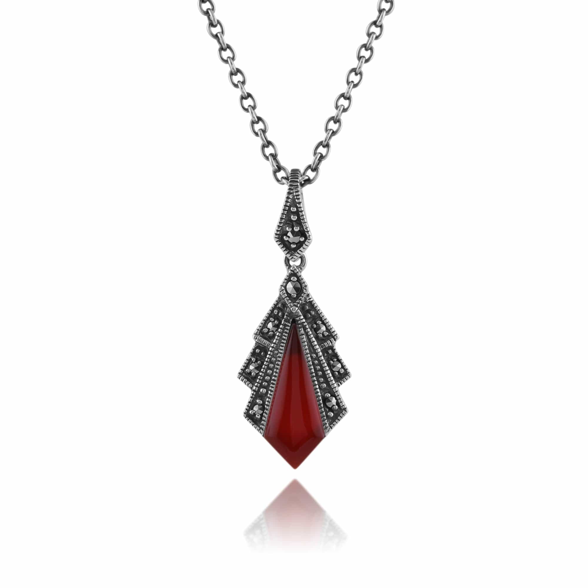Image of Art Deco Style Carnelian & Marcasite Pendant in 925 Sterling Silver