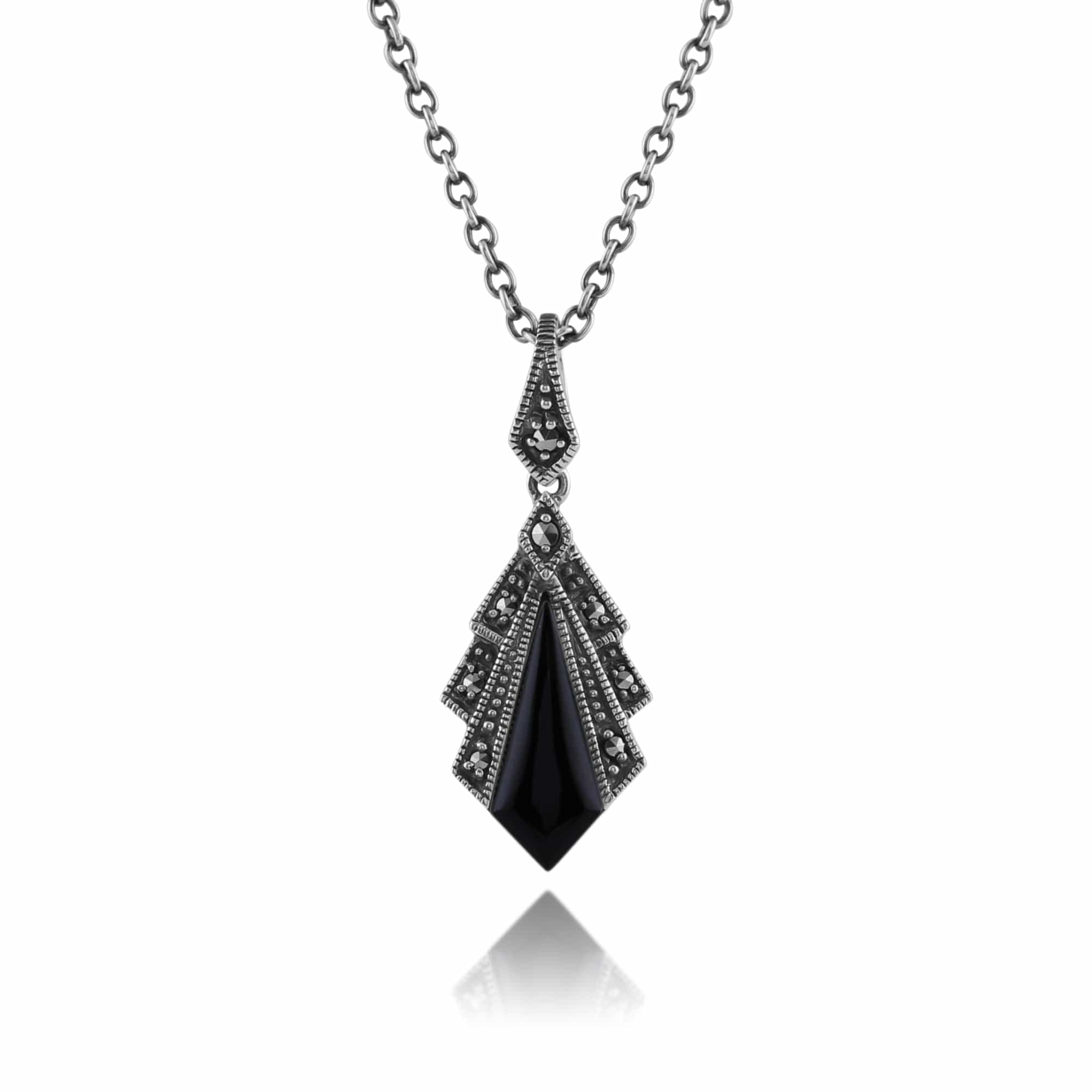 Product photograph of Art Deco Style Black Onyx Marcasite Pendant In 925 Sterling Silver from Gemondo Jewellery