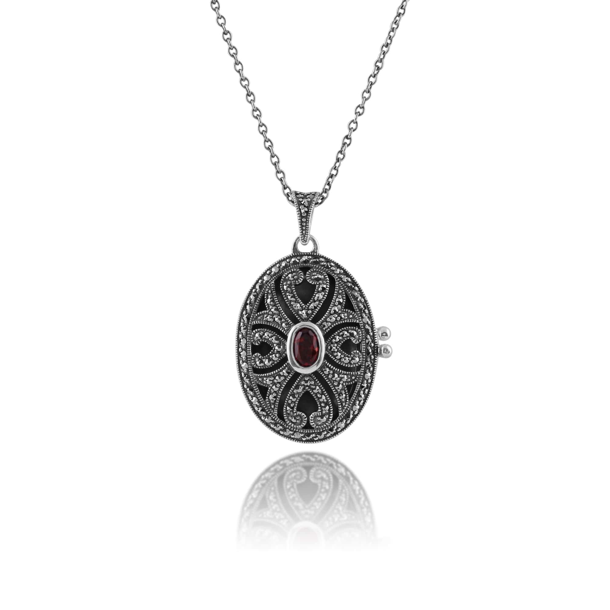 Product photograph of Art Nouveau Style Oval Garnet Marcasite Locket Pendant In 925 Sterling Silver from Gemondo Jewellery