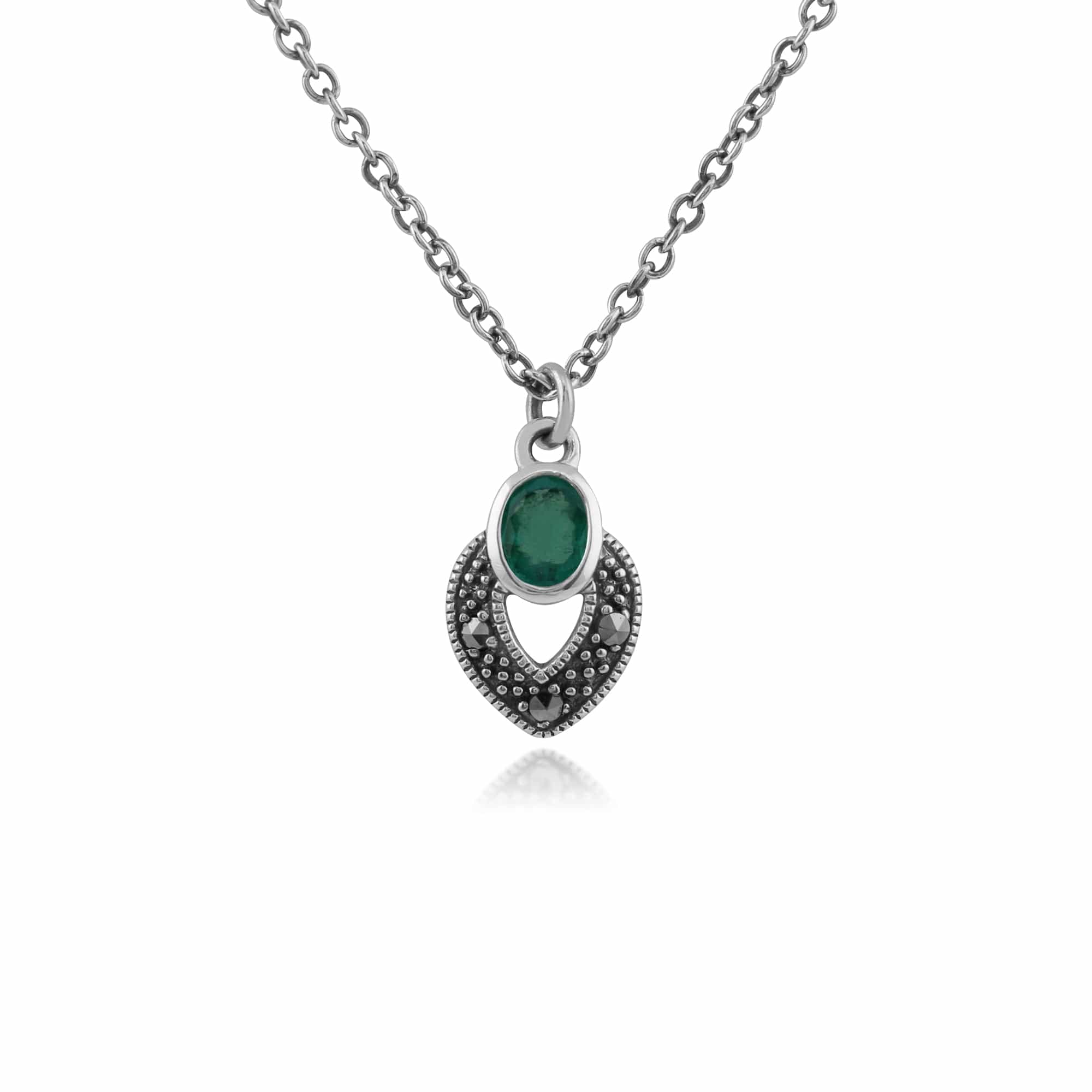 Product photograph of Art Deco Style Oval Emerald Marcasite Necklace In 925 Sterling Silver from Gemondo Jewellery