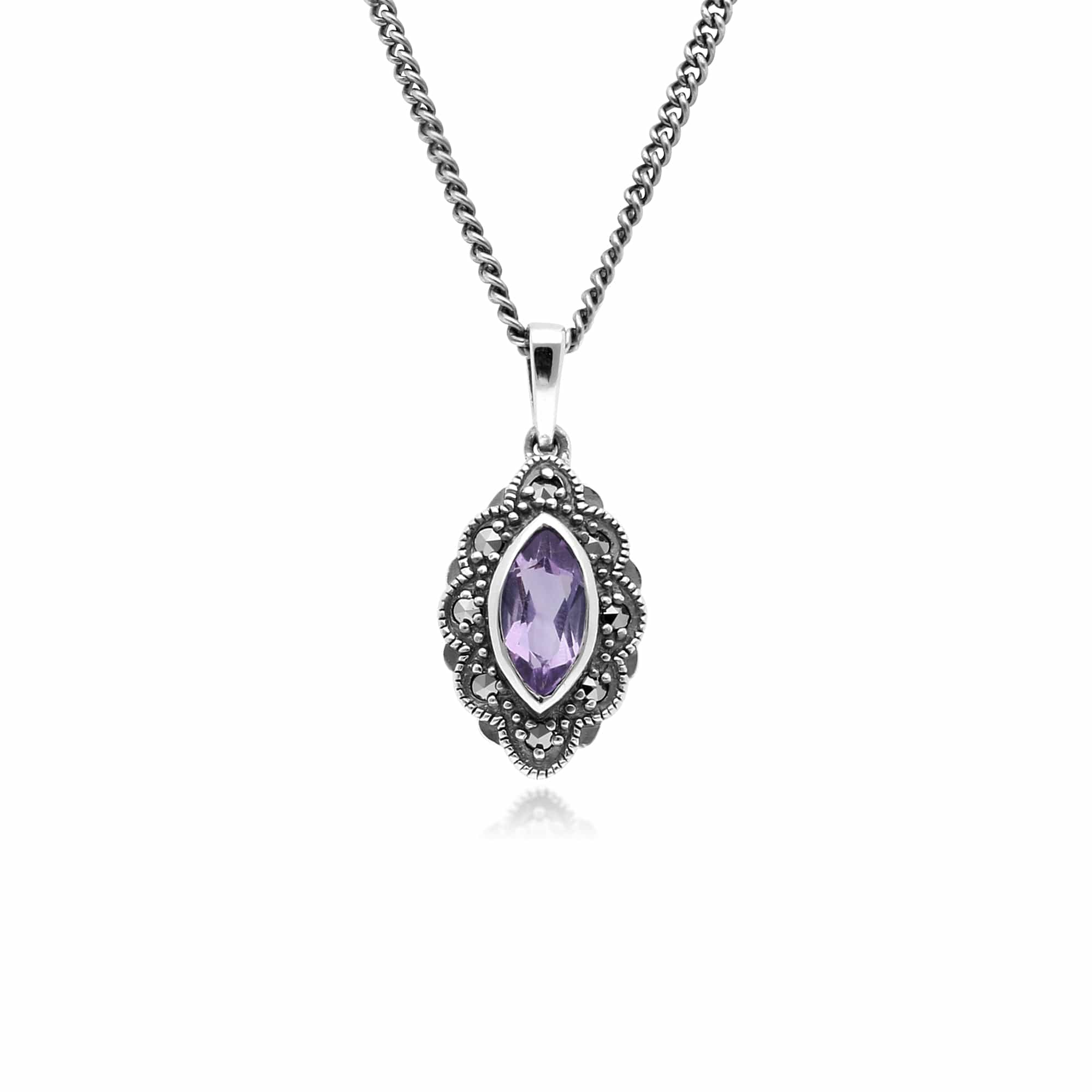 Photos - Pendant / Choker Necklace Art Deco Style Marquise Amethyst & Marcasite Pendant in 925 Sterling Silve