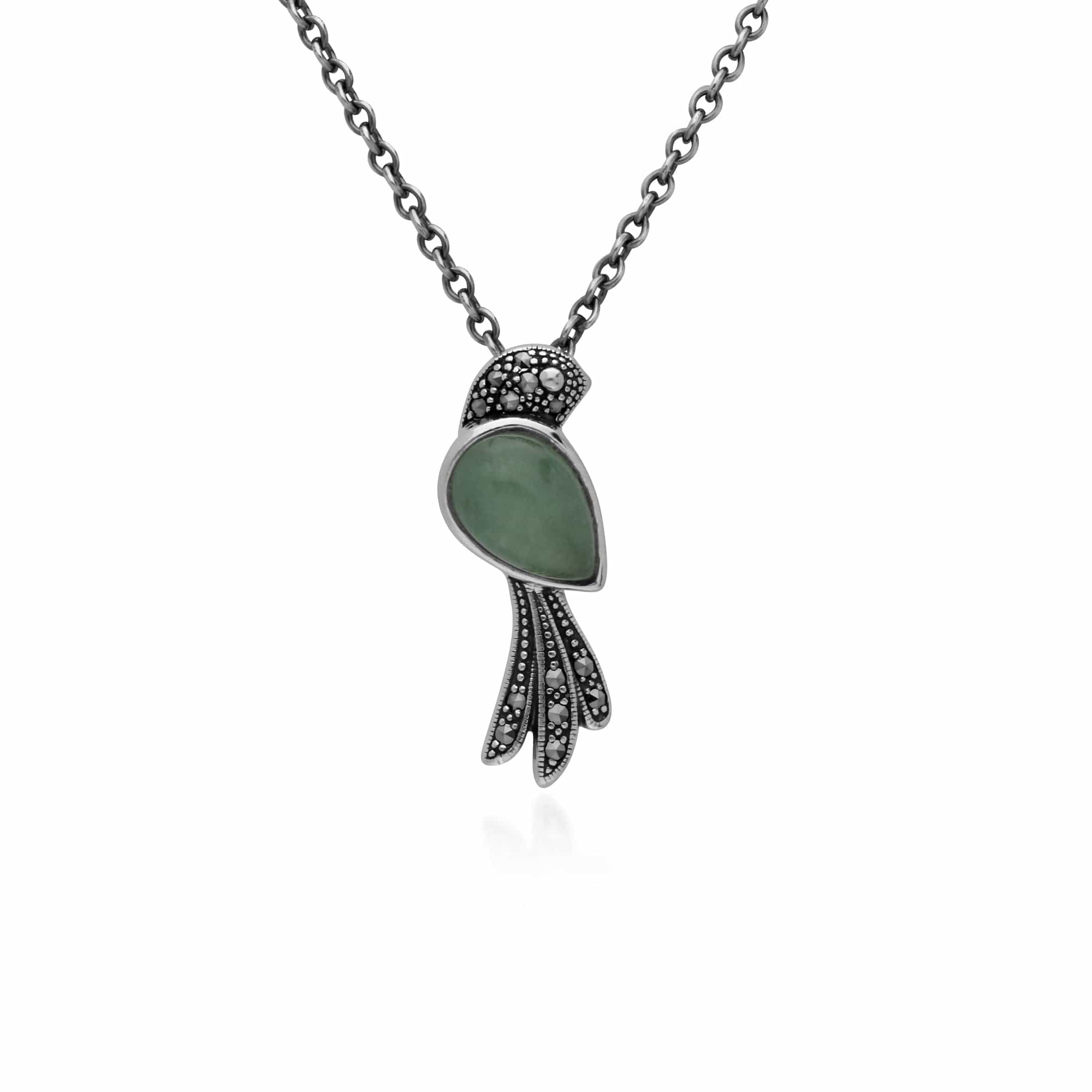 Product photograph of Classic Pear Green Jade Marcasite Bird Necklace In 925 Sterling Silver from Gemondo Jewellery