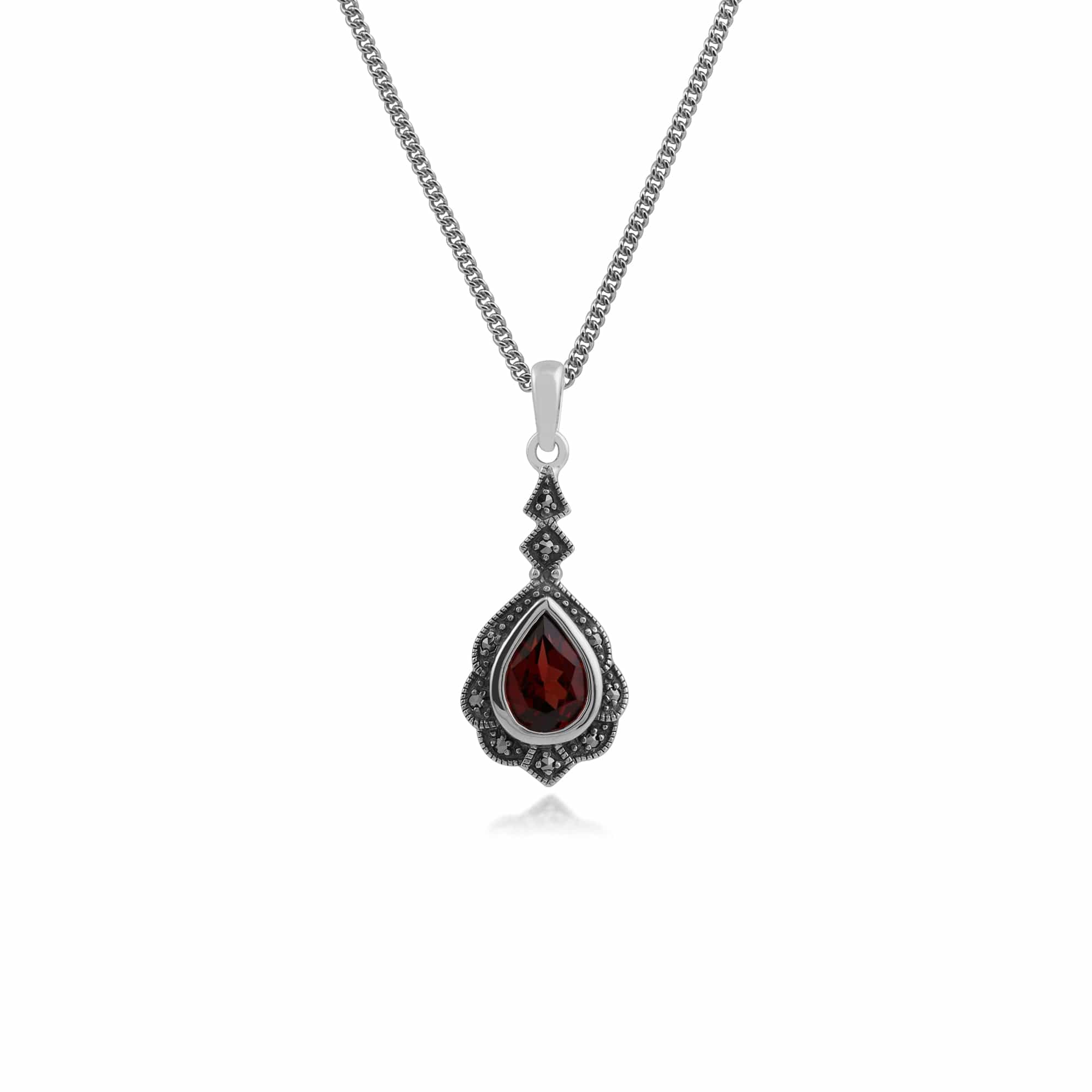 Product photograph of Art Nouveau Style Pear Garnet Marcasite Leaf Pendant In 925 Sterling Silver from Gemondo Jewellery