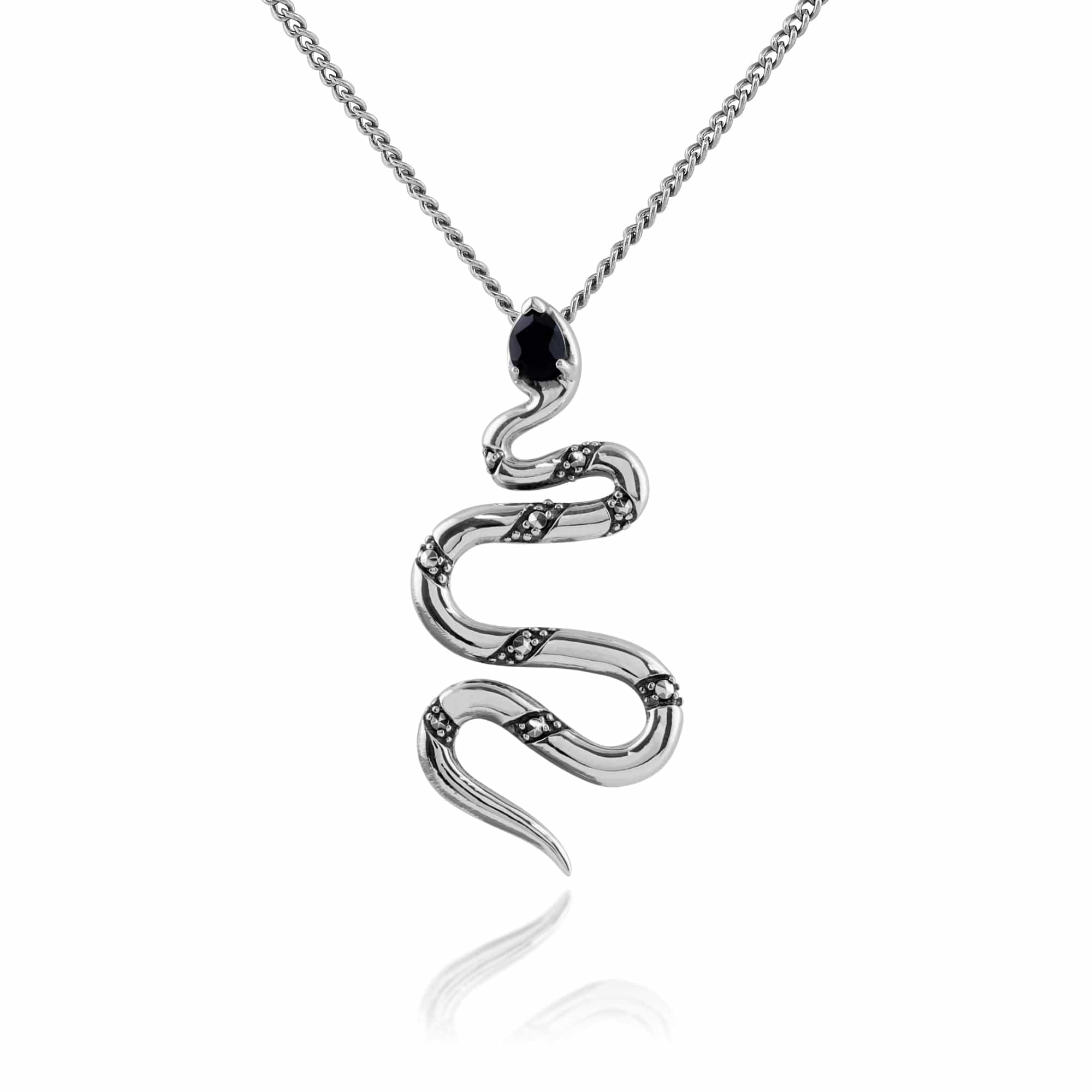 Product photograph of Art Deco Style Pear Black Spinel Marcasite Snake Necklace In 925 Sterling Silver from Gemondo Jewellery