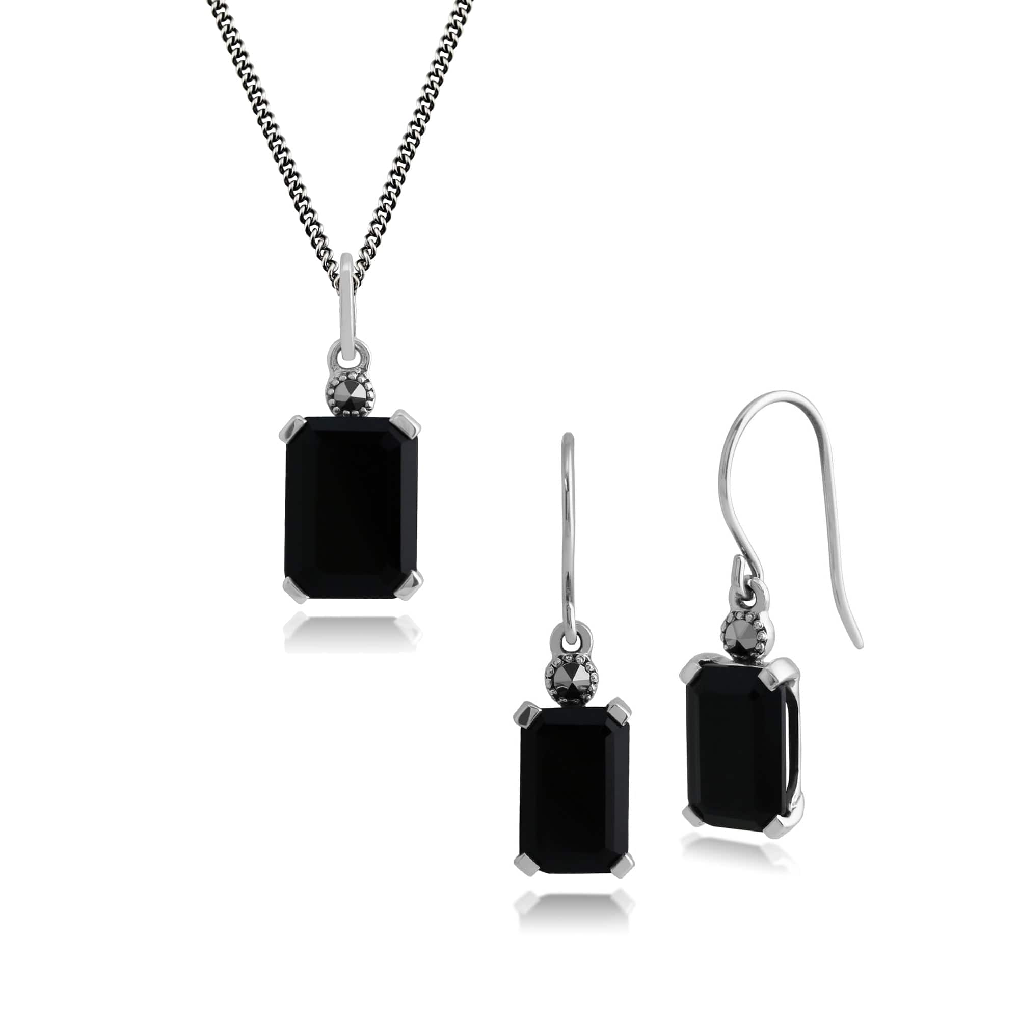Product photograph of Geometric Hexagon Black Onyx Rectangle Drop Earrings Pendant Set In 925 Sterling Silver from Gemondo Jewellery