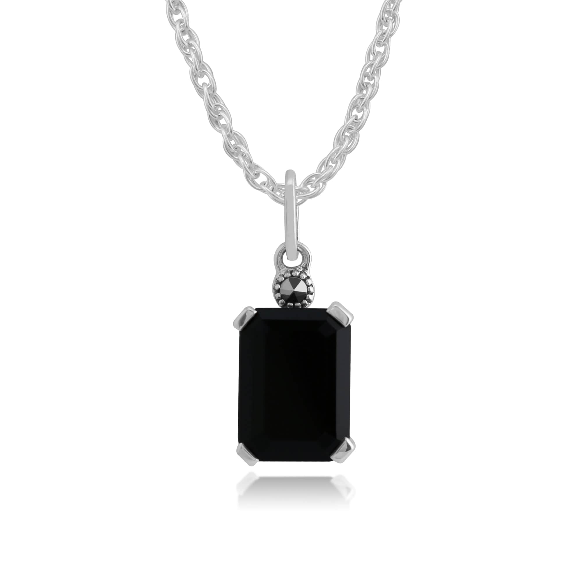 Image of Art Deco Style Octagon Black Onyx & Marcasite Pendant in 925 Sterling Silver