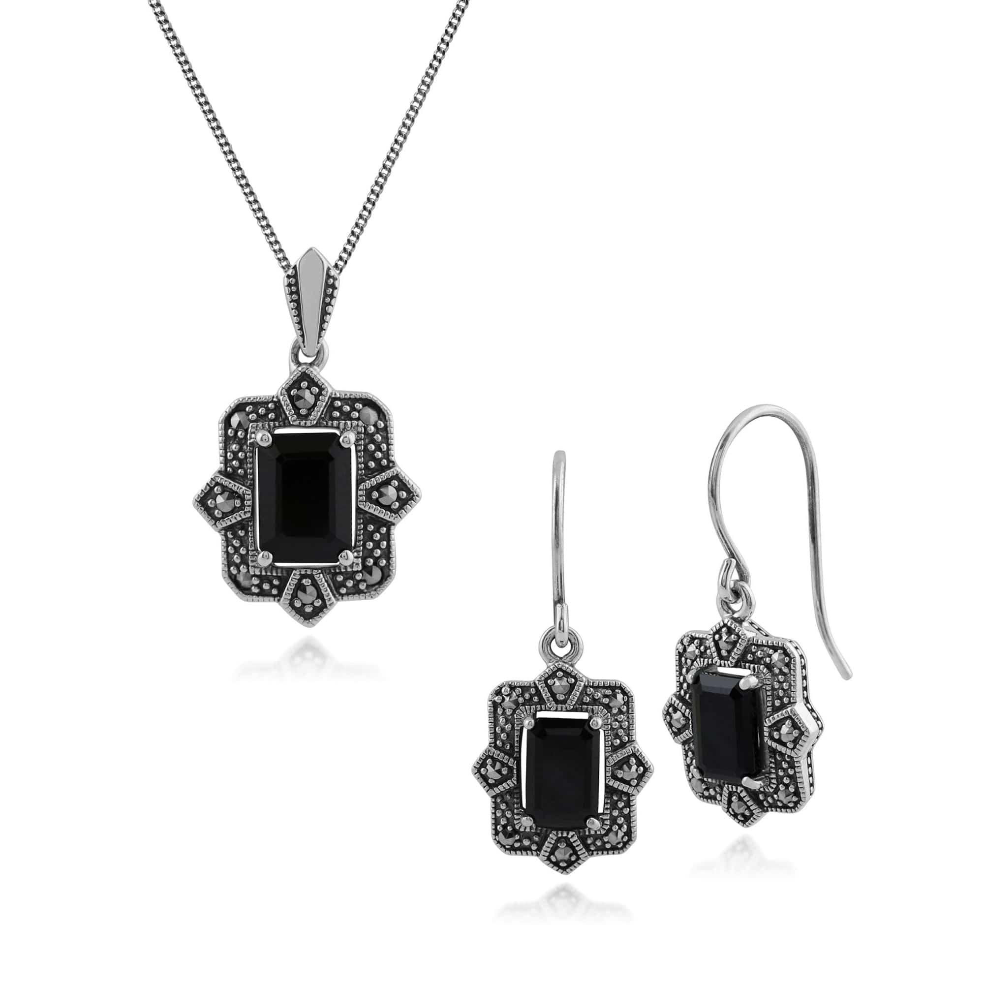 Product photograph of Art Deco Style Black Spinel Marcasite Earrings Pendant Set In Silver from Gemondo Jewellery