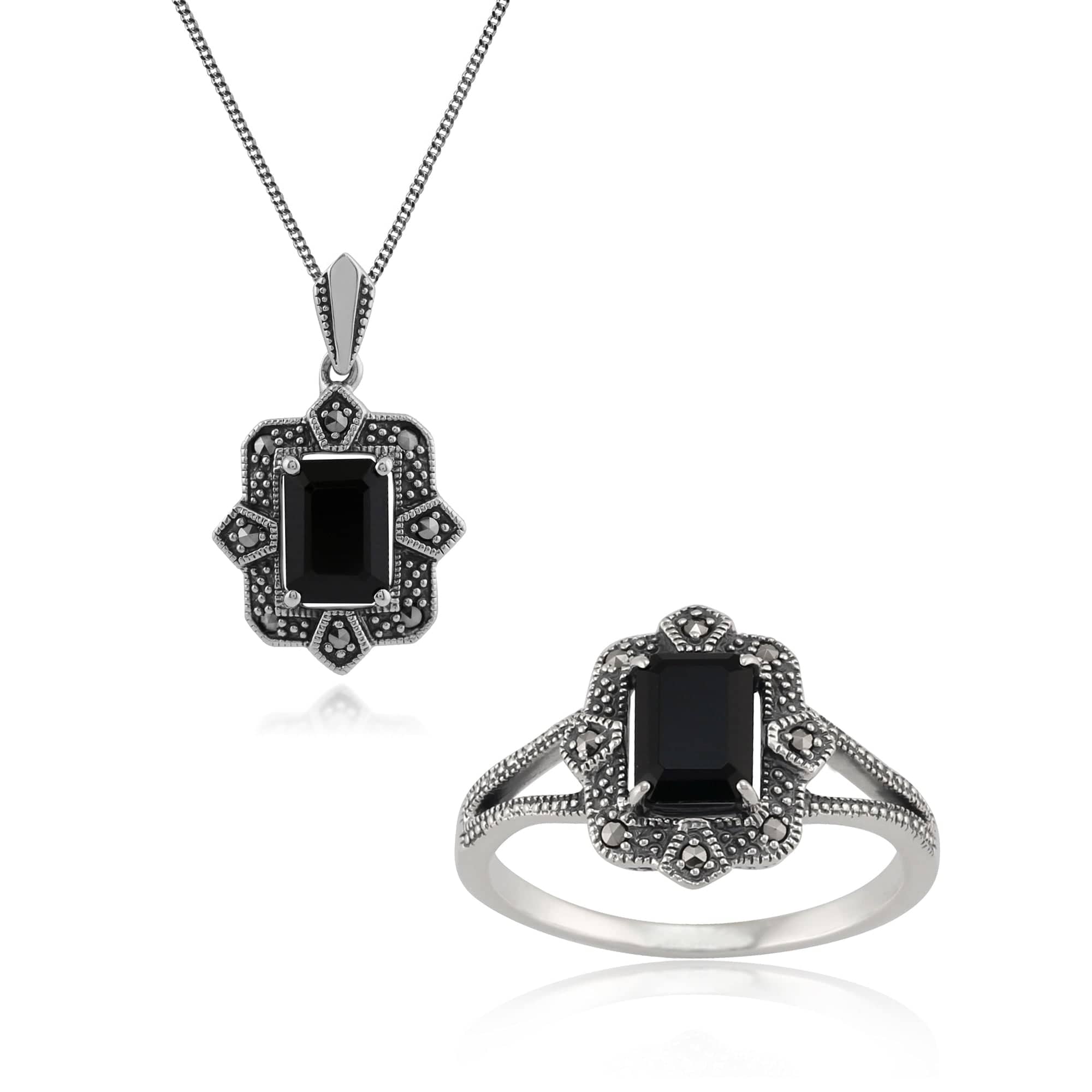 Product photograph of Art Deco Style Black Spinel Marcasite Drop Earrings Ring Set In Silver from Gemondo Jewellery