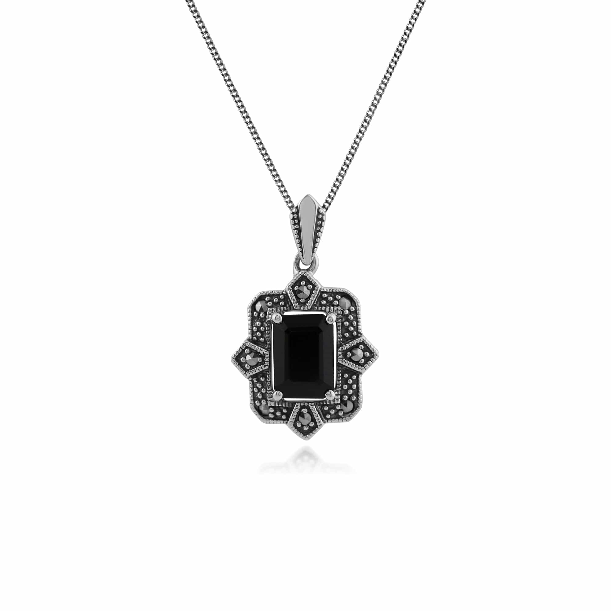 Image of Art Deco Style Black Spinel & Marcasite Pendant in Silver