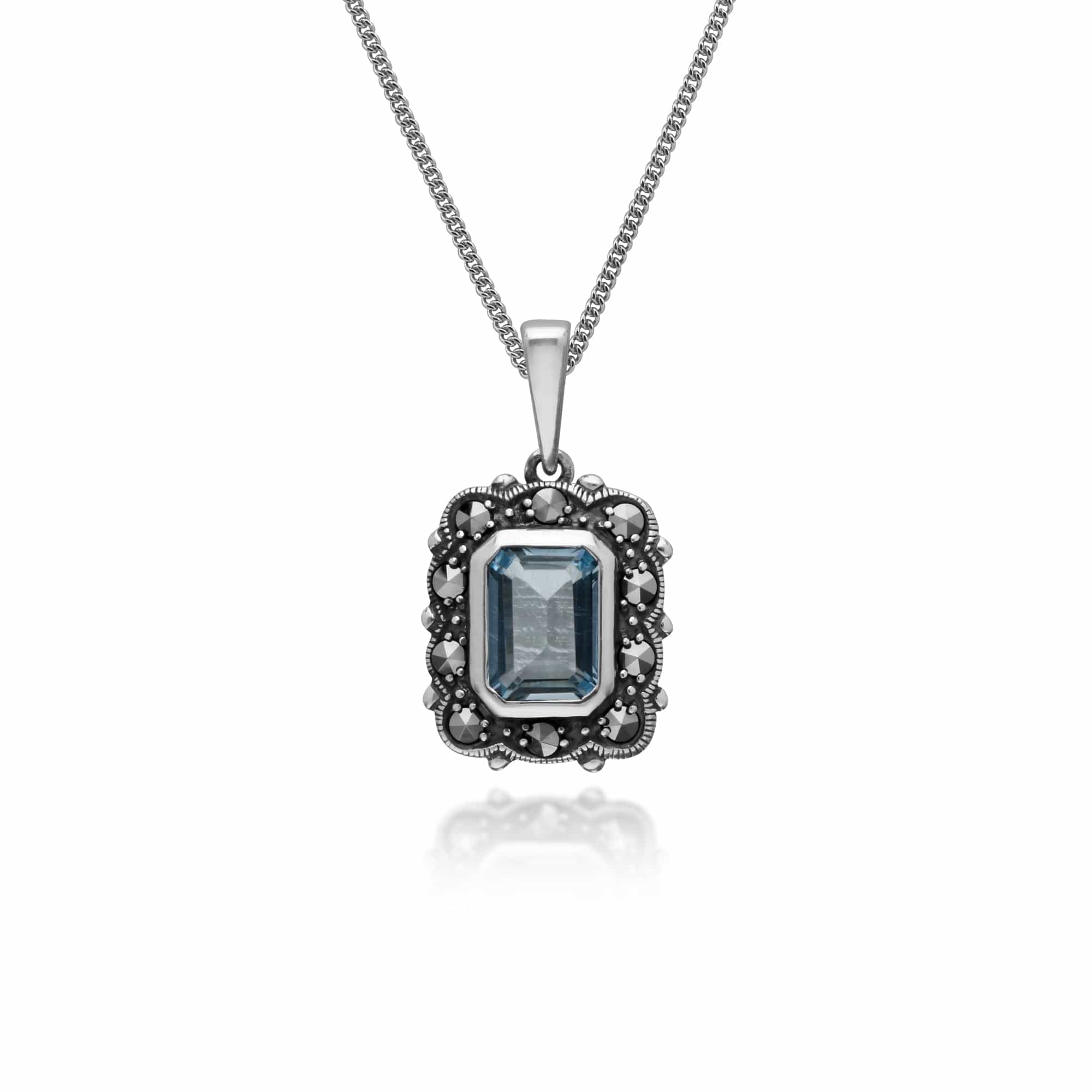 Image of Art Deco Style Octagon Blue Topaz & Marcasite Pendant in 925 Sterling Silver