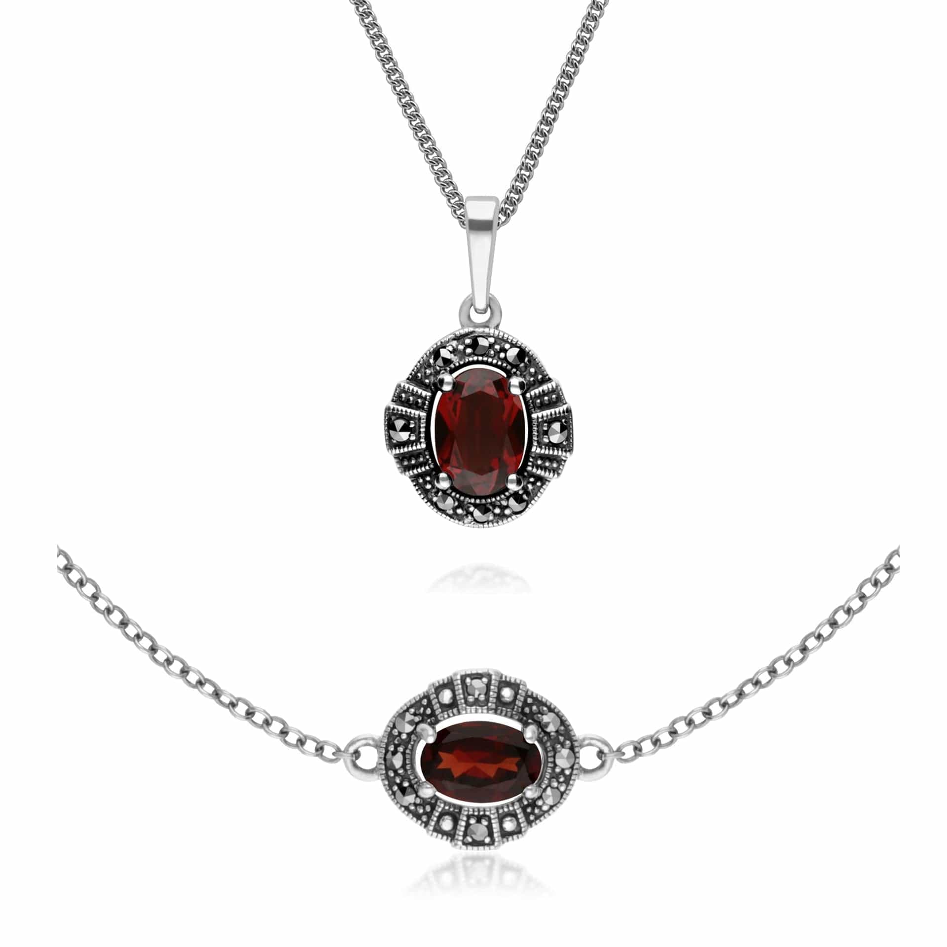 Product photograph of Art Deco Style Oval Garnet And Marcasite Cluster Bracelet Pendant Set In 925 Sterling Silver from Gemondo Jewellery