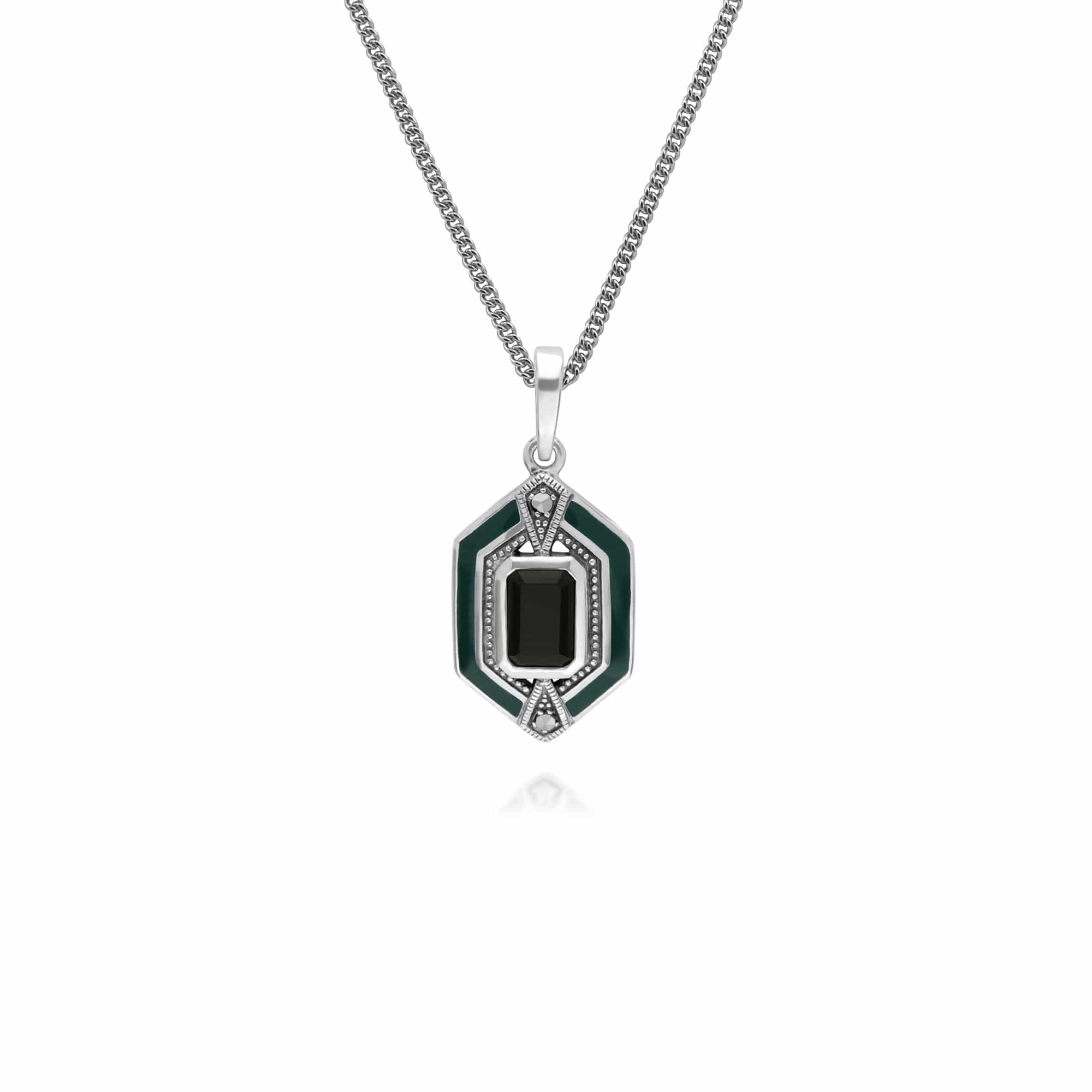 Image of Art Deco Style Octagon Onyx, Marcasite & Enamel Hexagon Pendant in 925 Sterling Silver