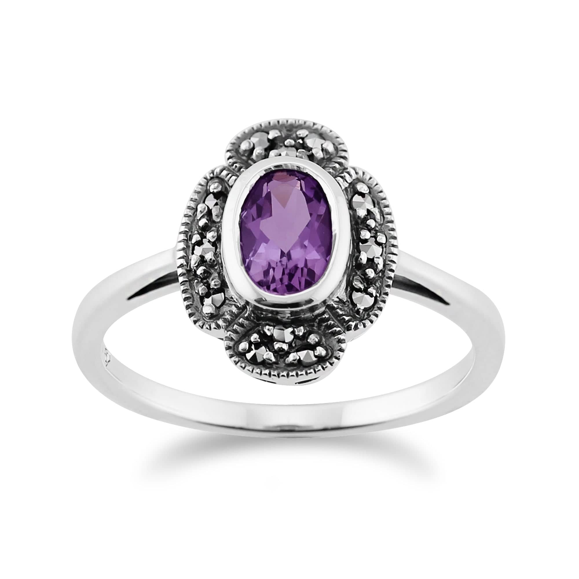 Product photograph of Art Deco Style Oval Amethyst Marcasite Ring In 925 Sterling Silver from Gemondo Jewellery