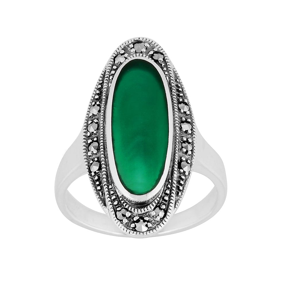 Image of Art Deco Style Oval Green Chalcedony & Marcasite Cocktail Ring in 925 Sterling Silver