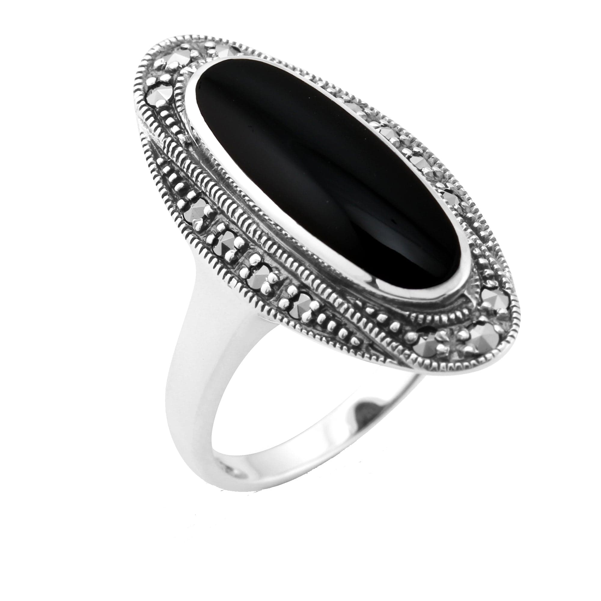 Image of Art Deco Style Black Onyx Cabochon & Marcasite Ring in 925 Sterling Silver