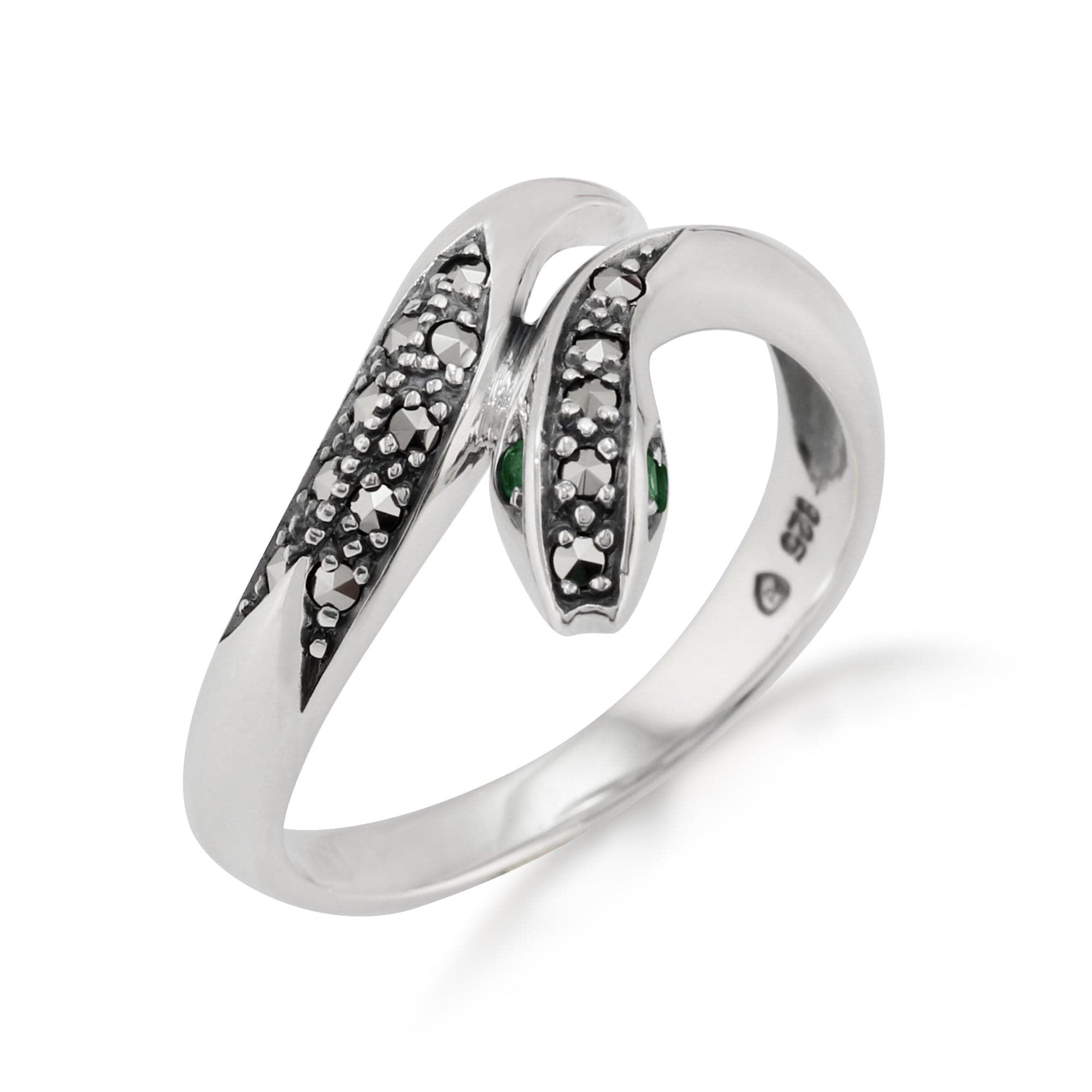 Product photograph of Art Nouveau Style Round Emerald Marcasite Snake Ring In 925 Sterling Silver from Gemondo Jewellery