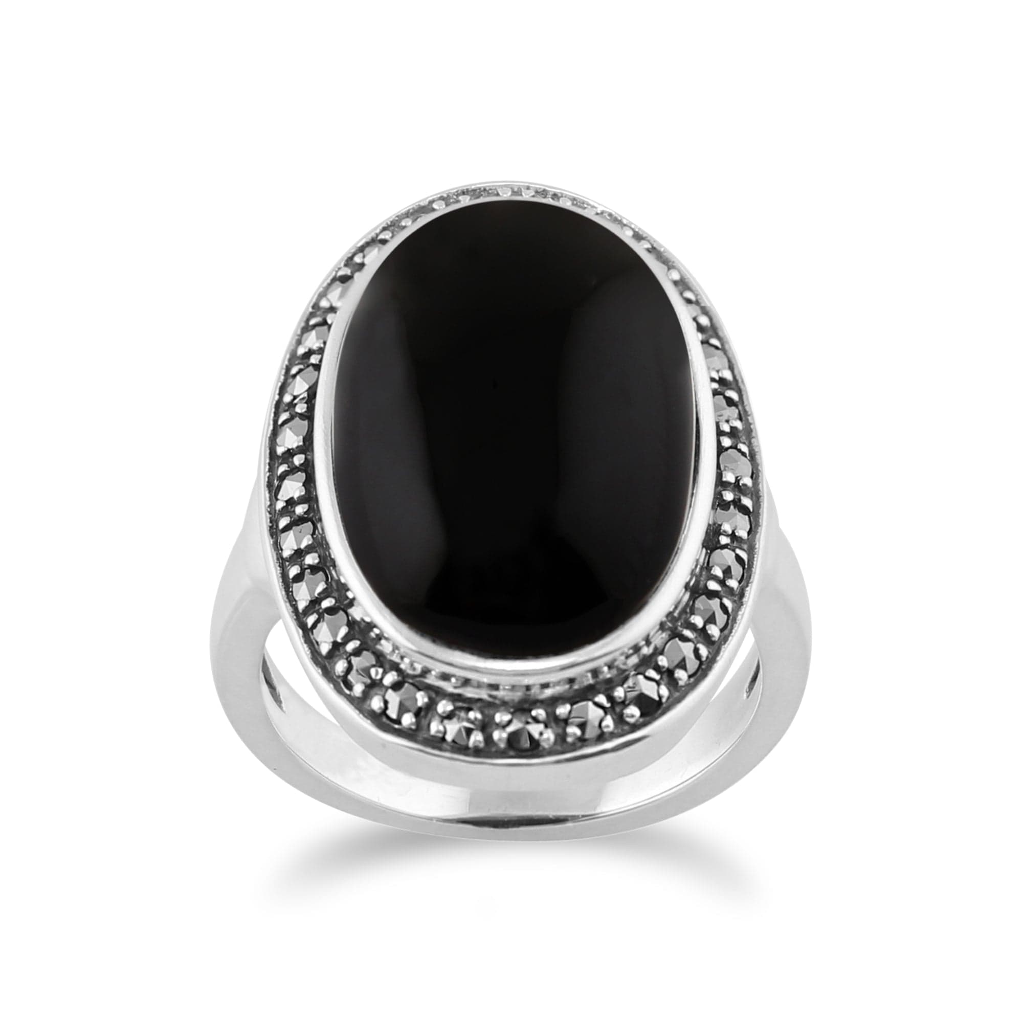Product photograph of Boho Oval Onyx Cabochon Marcasite Silver Ring from Gemondo Jewellery
