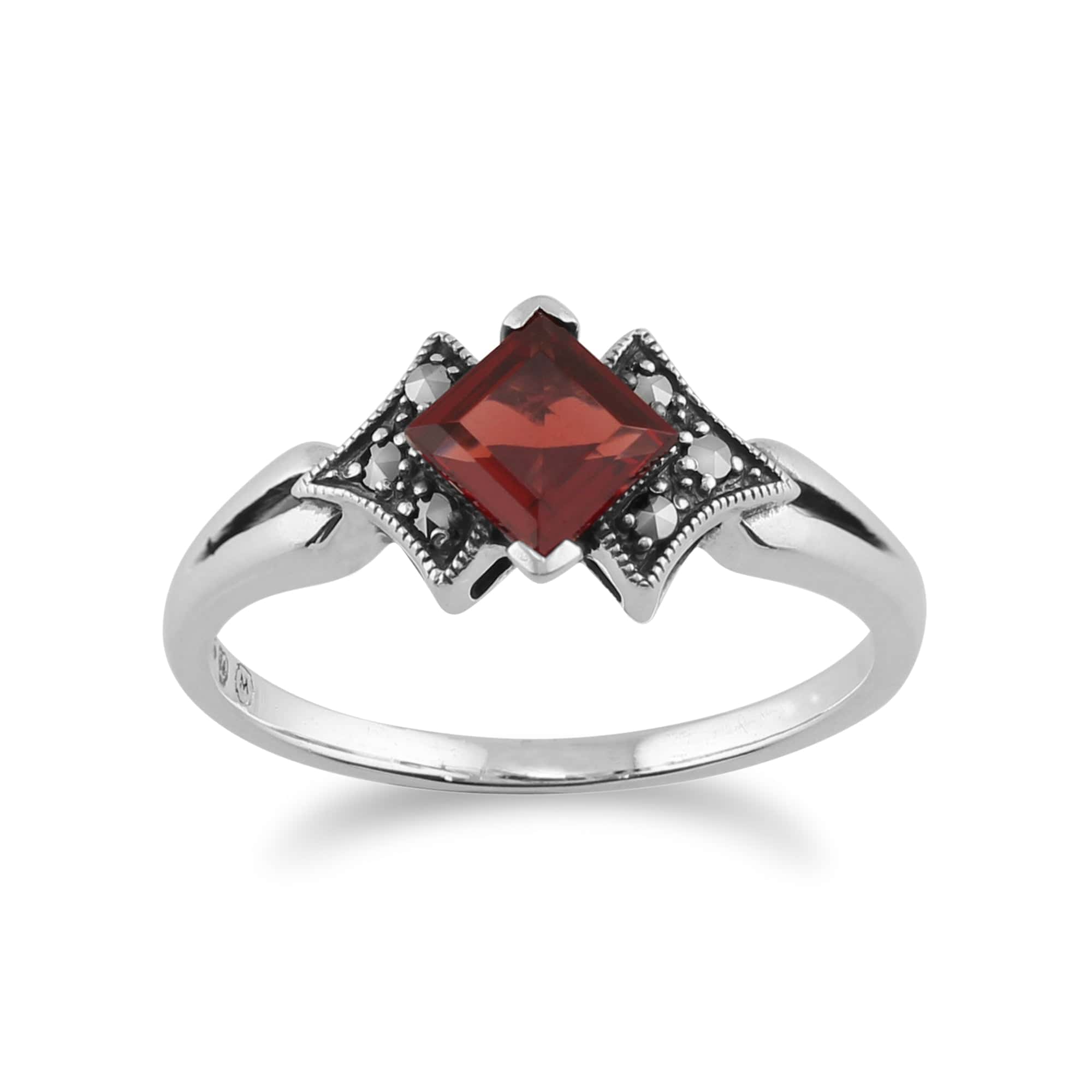 Product photograph of Art Deco Style Square Garnet Marcasite Ring In 925 Sterling Silver from Gemondo Jewellery