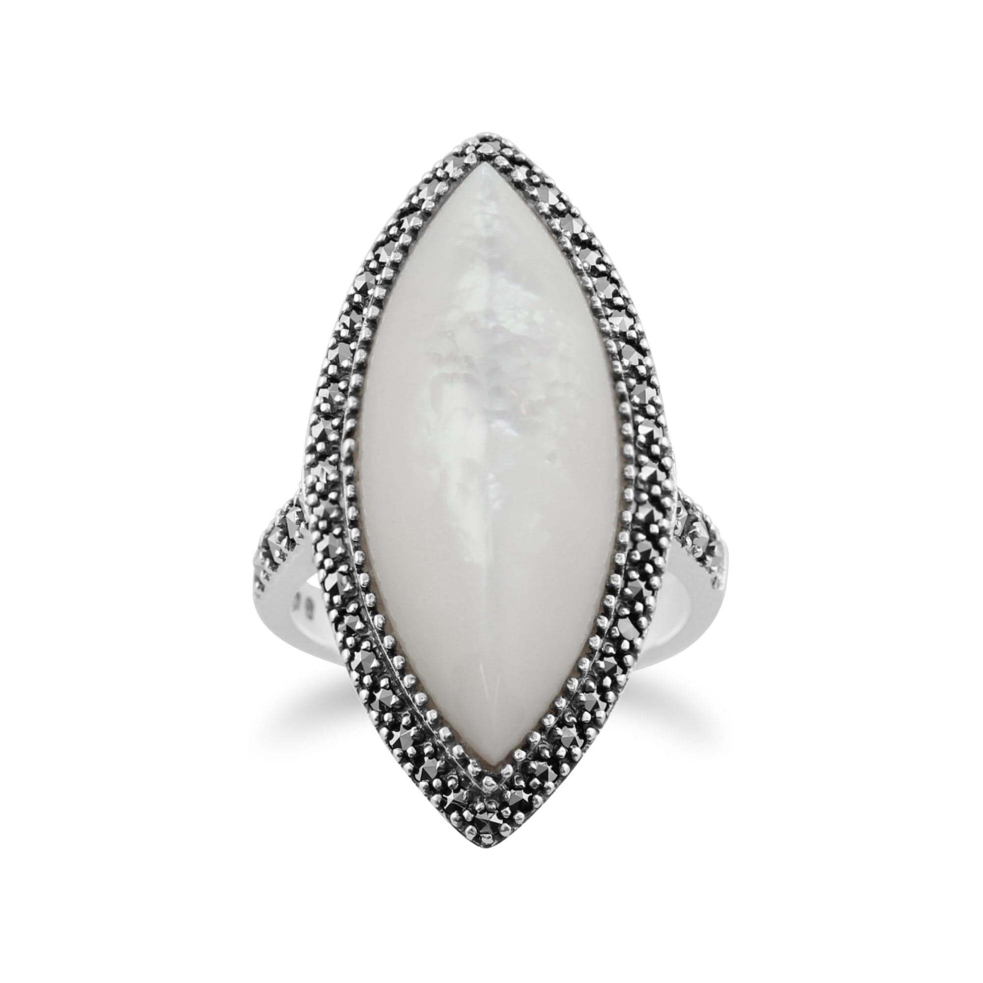 Product photograph of Art Deco Style Marquise Mother Of Pearl Marcasite Statement Ring In Silver from Gemondo Jewellery