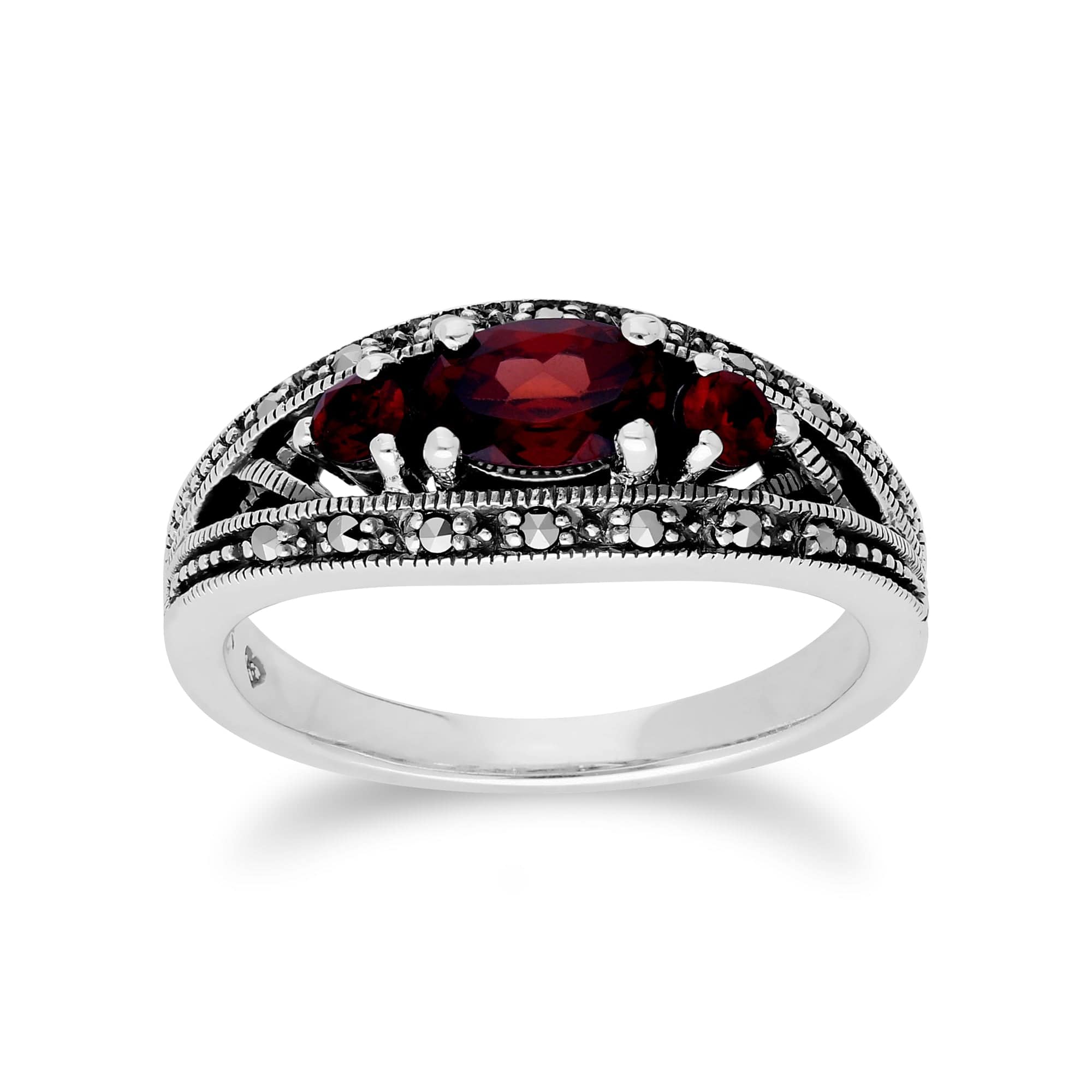Product photograph of Art Deco Style Oval Garnet Marcasite Three Stone Ring In 925 Sterling Silver from Gemondo Jewellery