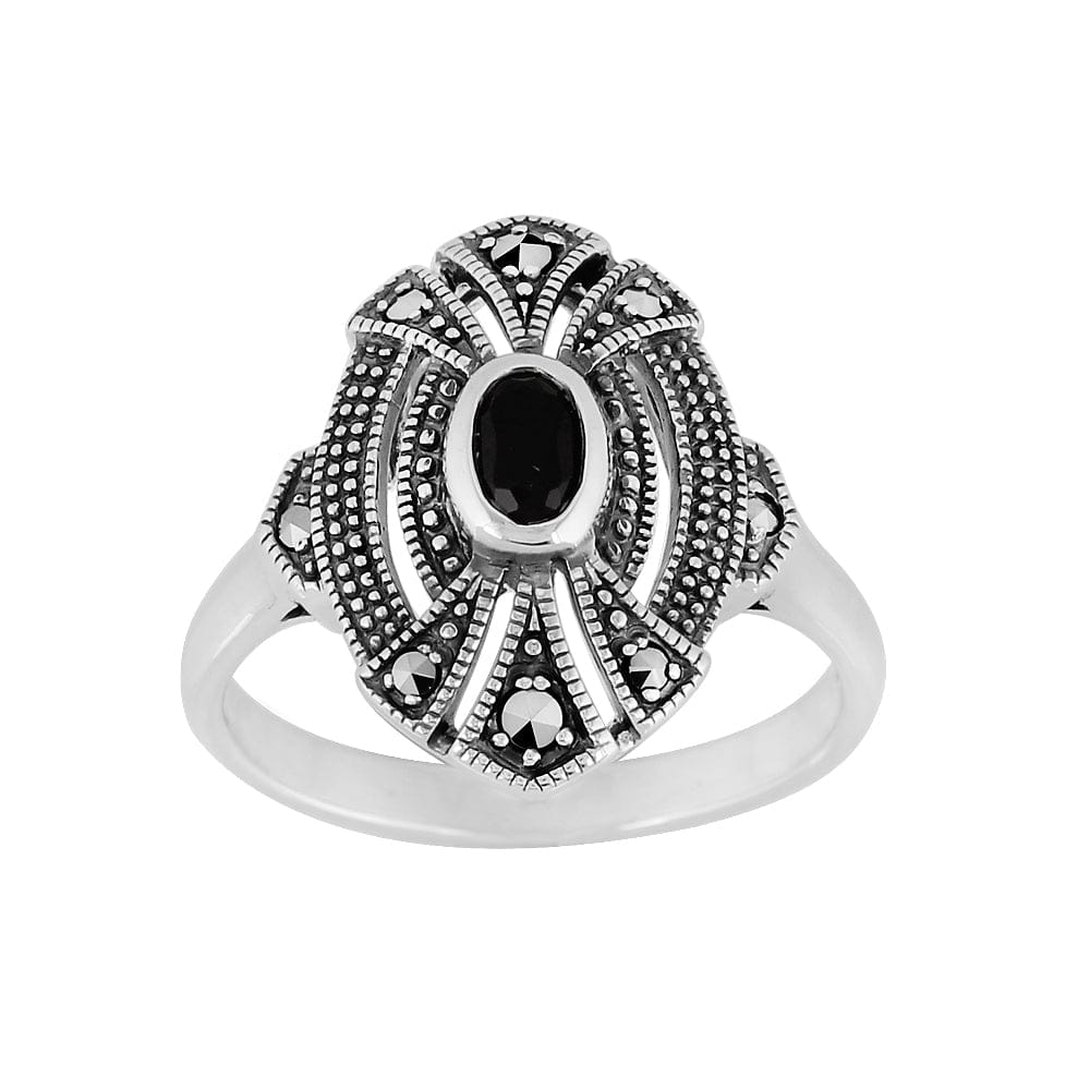 Image of Art Deco Style Oval Black Onyx & Marcasite Cocktail Ring in 925 Sterling Silver