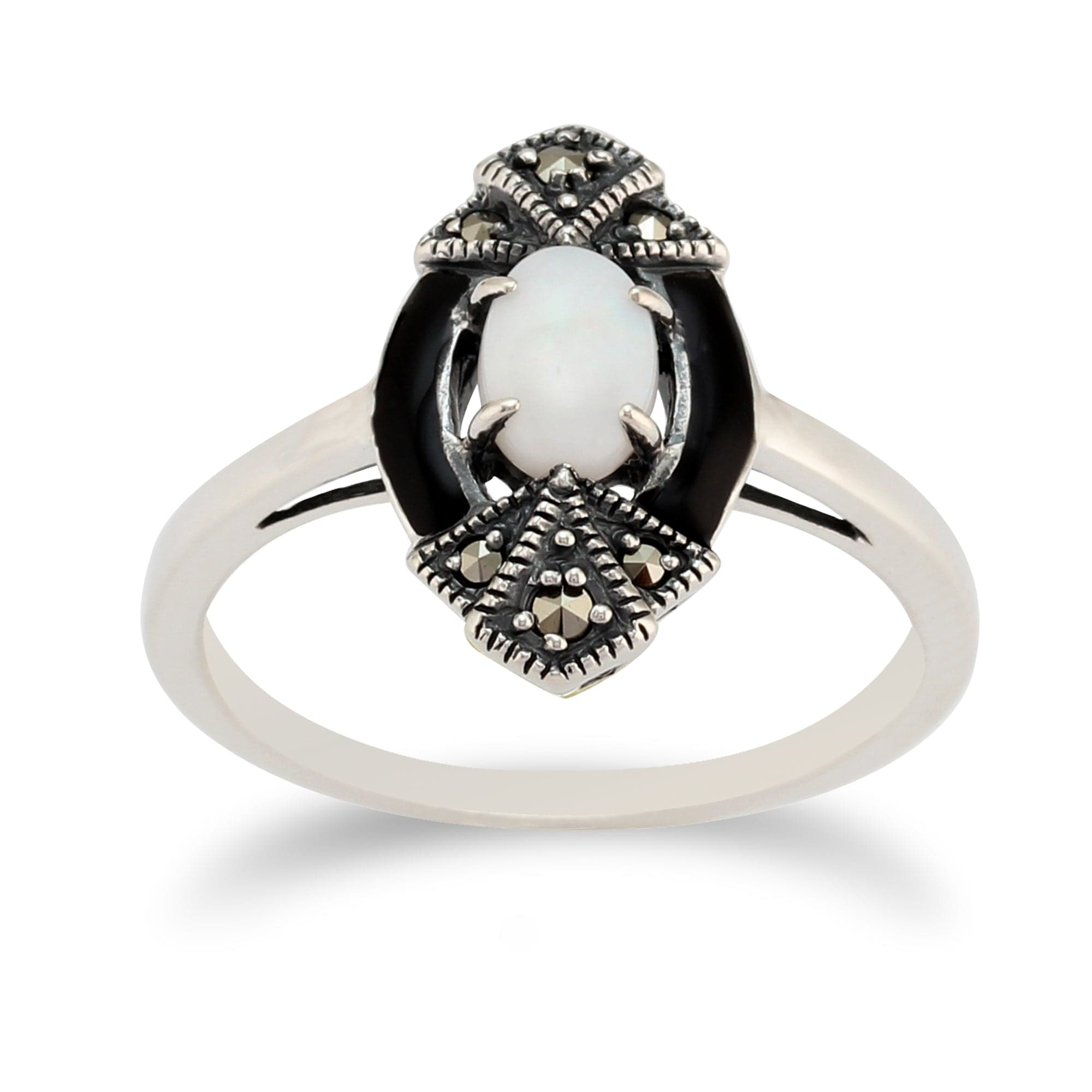 Image of Art Deco Style Oval Opal, Marcasite & Black Enamel Marquise Ring In Sterling Silver