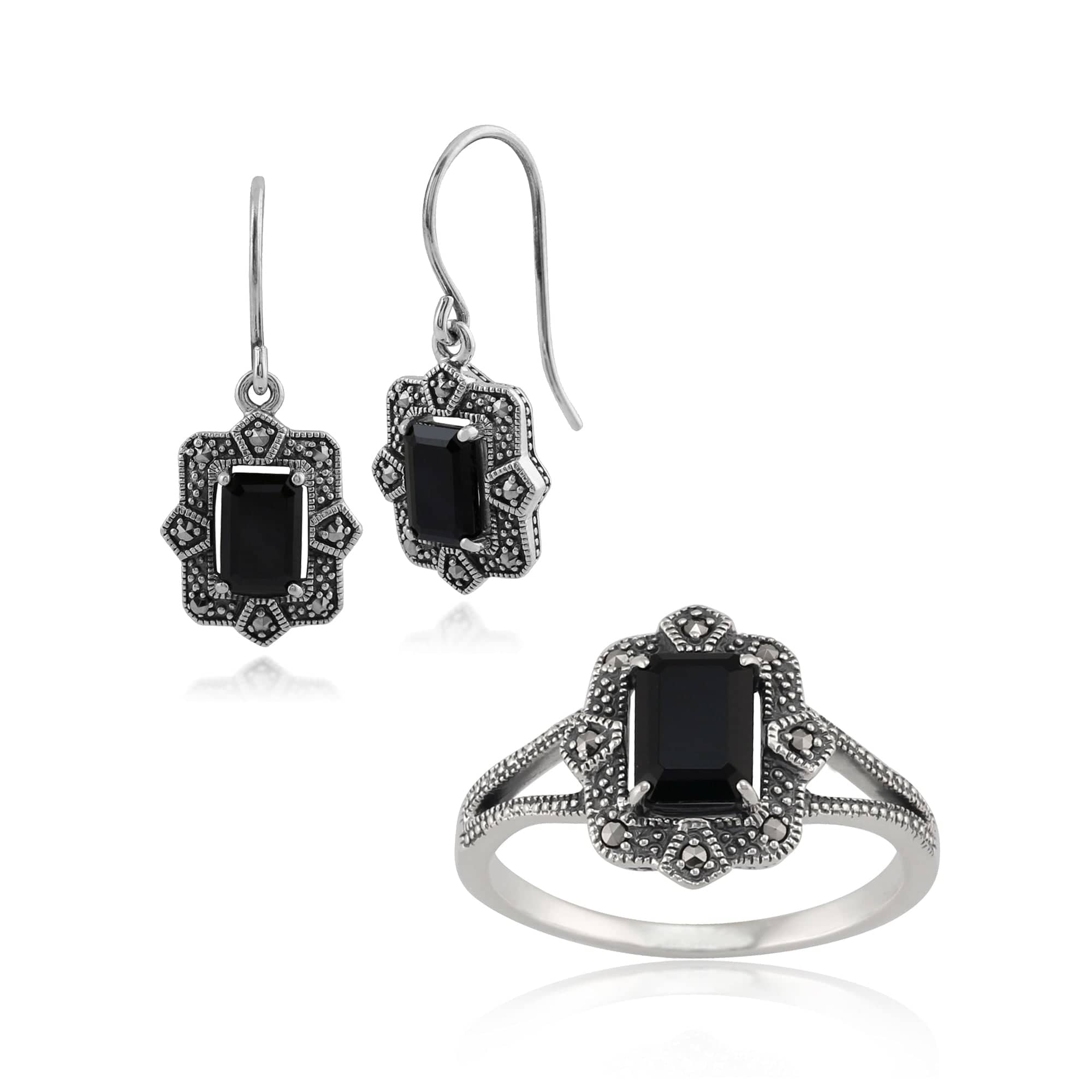 Product photograph of Art Deco Style Black Spinel Marcasite Earrings Ring Set In Silver from Gemondo Jewellery