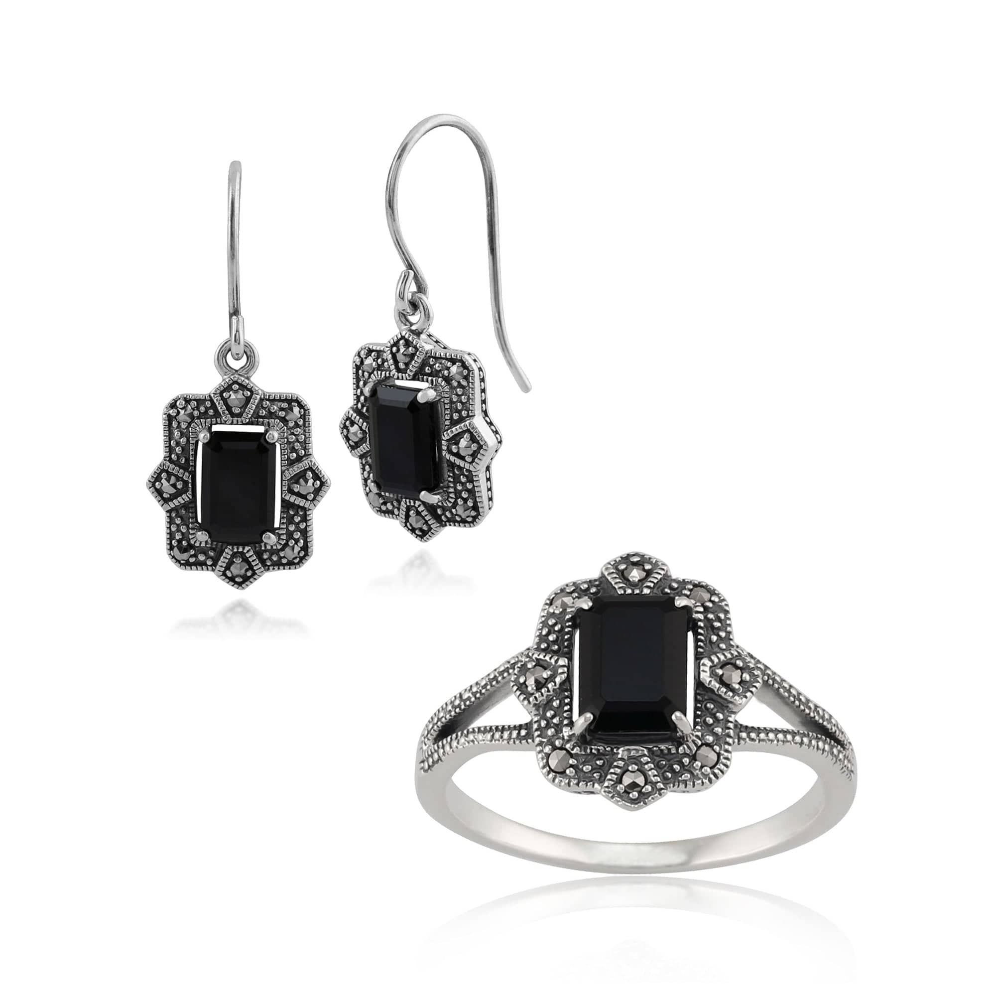 Image of Art Deco Style Black Spinel & Marcasite Earrings & Ring Set In Silver