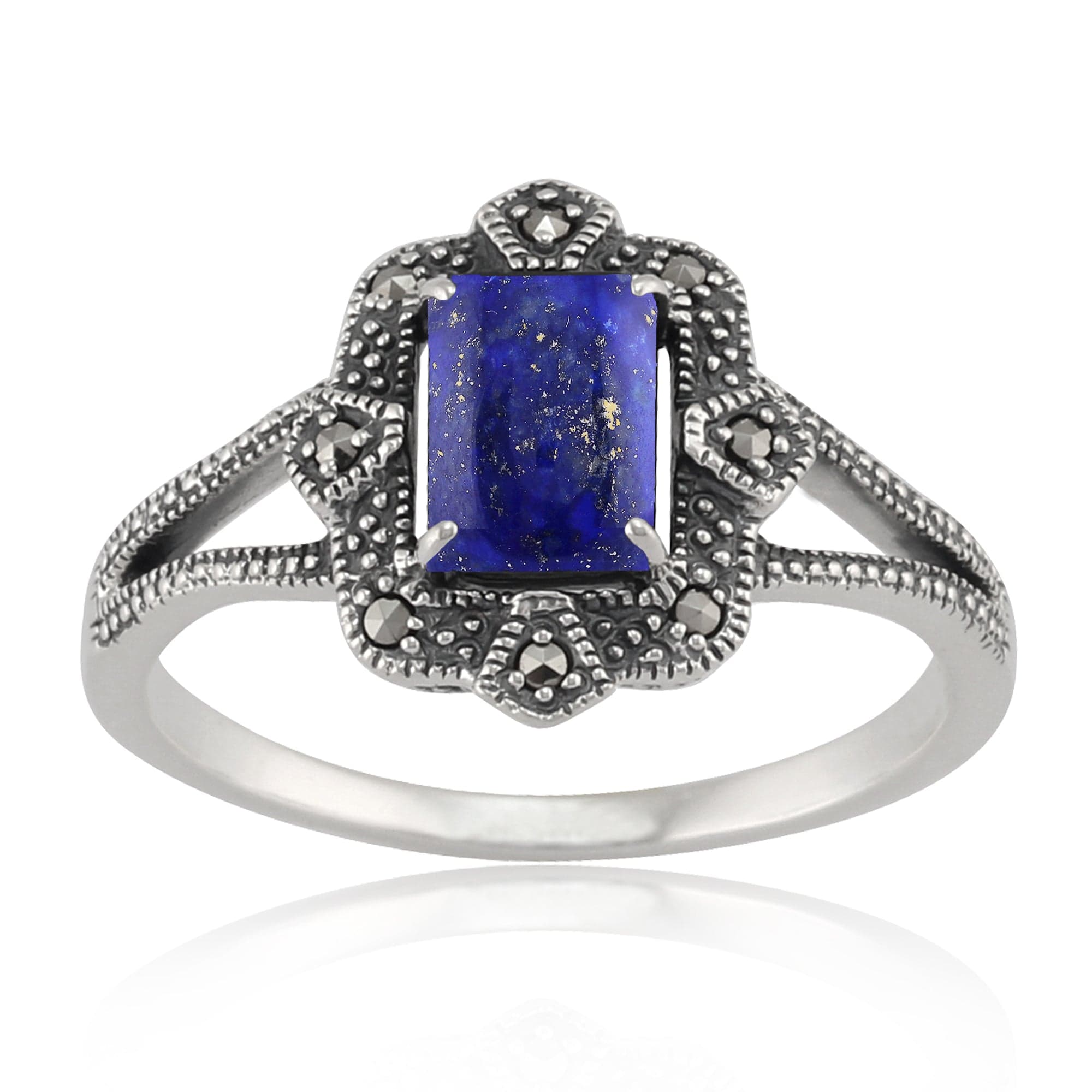 Image of Art Deco Style Baguette Lapis Lazuli & Marcasite Ring in 925 Sterling Silver