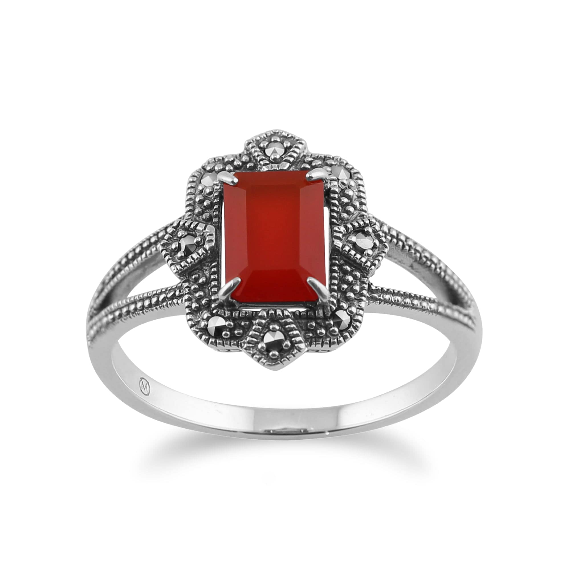 Image of Art Deco Style Baguette Carnelian & Marcasite Ring in 925 Sterling Silver