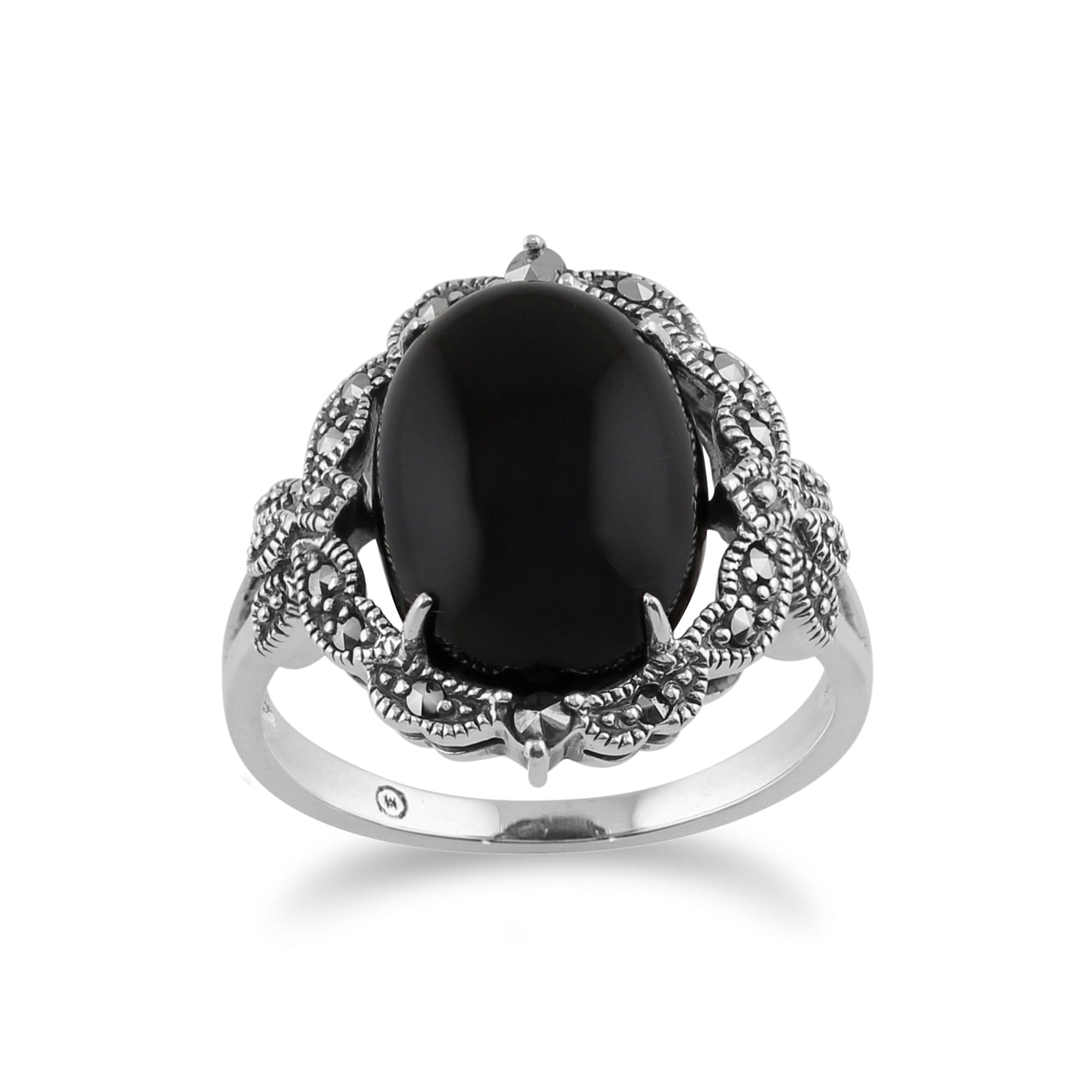 Image of Art Nouveau Style Oval Black Onyx Cabochon & Marcasite Statement Ring in 925 Sterling Silver