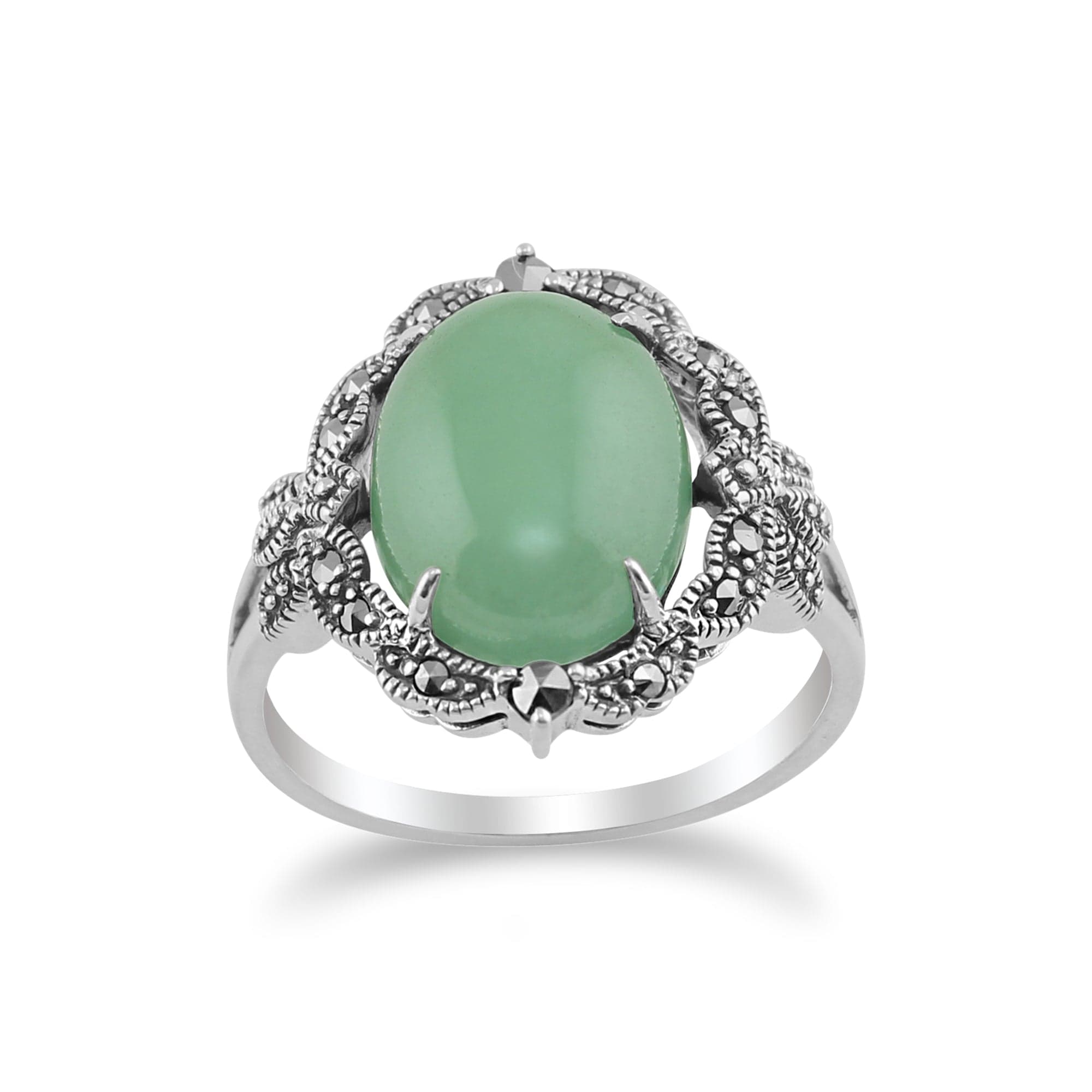 Product photograph of Art Nouveau Style Green Jade Cabochon Marcasite Statement Ring In 925 Silver from Gemondo Jewellery