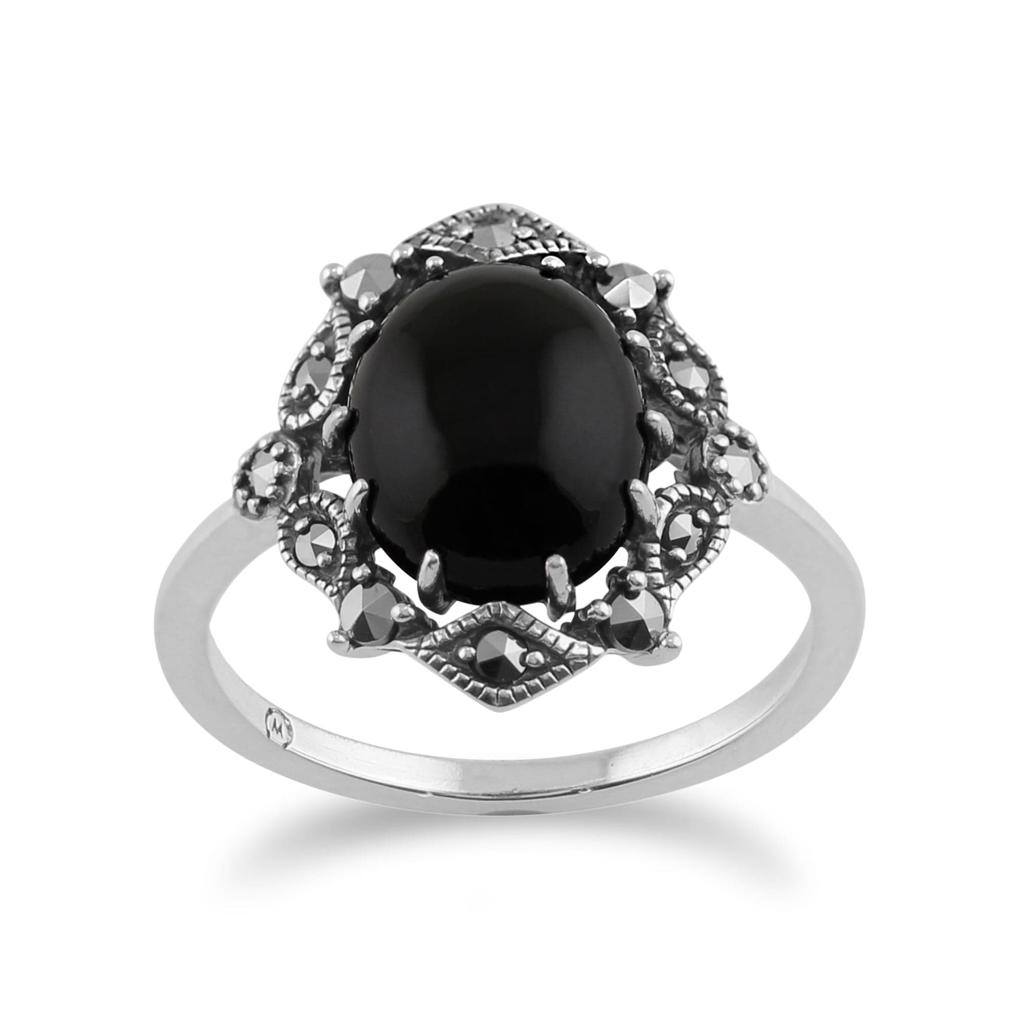 Product photograph of Art Nouveau Style Statement Ring Oval Black Onyx Cabochon Round Marcasite 925 Sterling Silver from Gemondo Jewellery