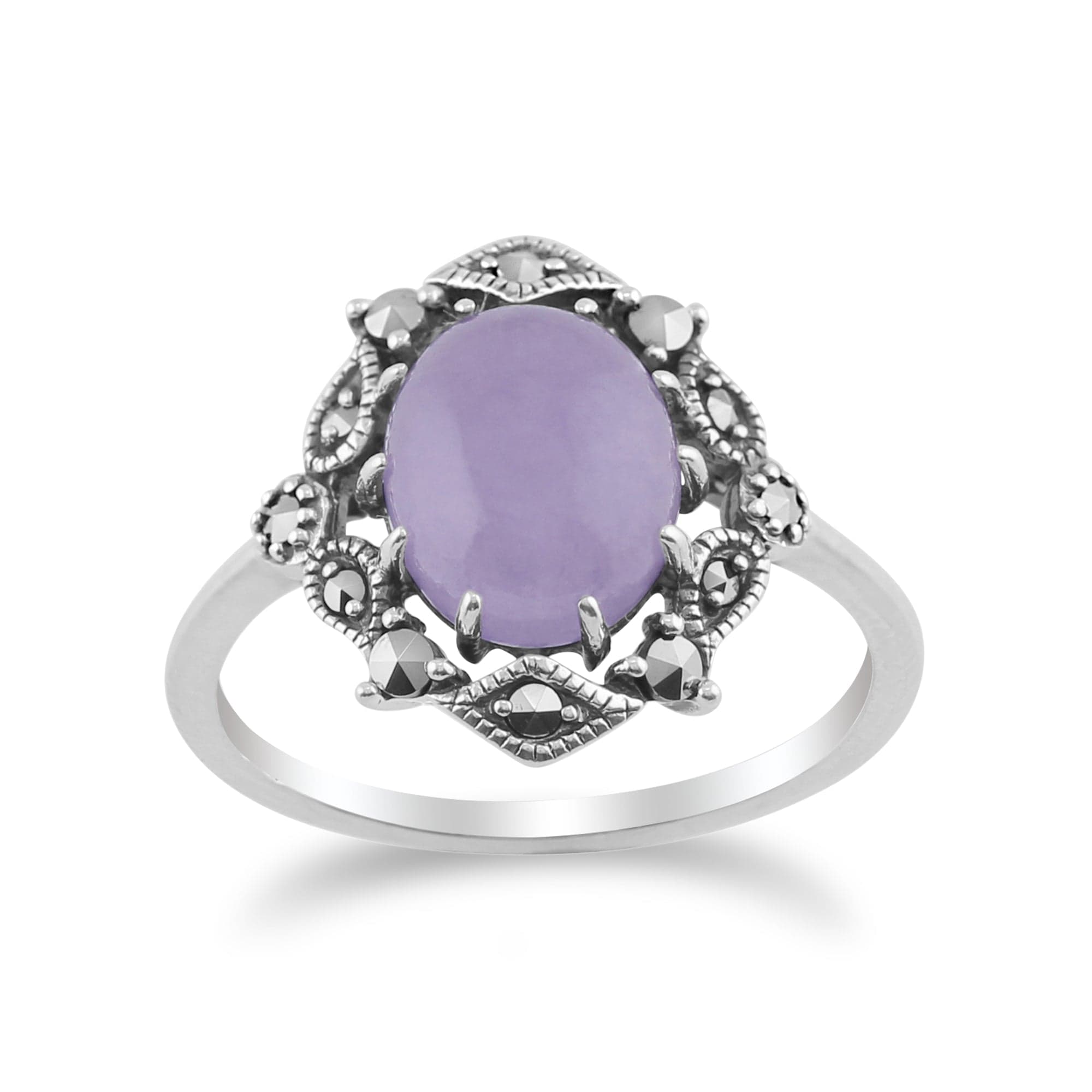 Product photograph of Art Nouveau Style Oval Lavender Jade Cabochon Marcasite Statement Ring In 925 Sterling Silver from Gemondo Jewellery