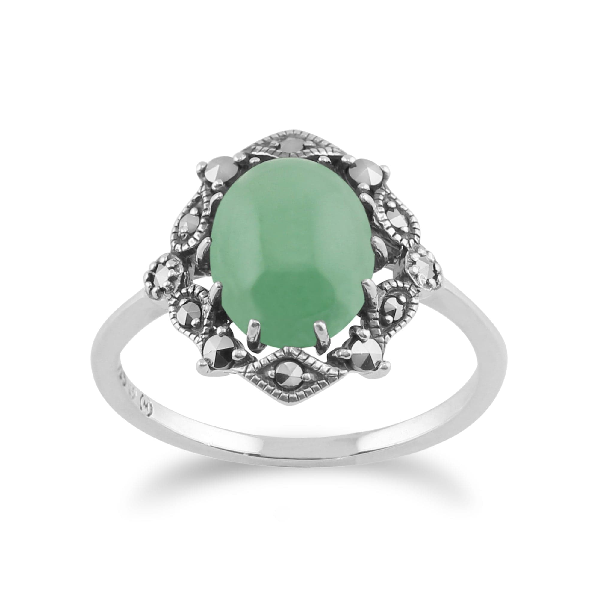 Product photograph of Art Nouveau Style Oval Green Jade Cabochon Marcasite Statement Ring from Gemondo Jewellery