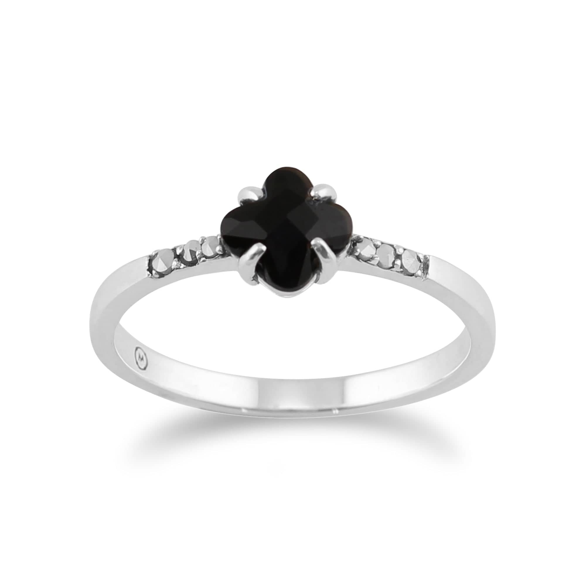 Product photograph of Floral Square Black Onyx Marcasite Ring In 925 Sterling Silver from Gemondo Jewellery