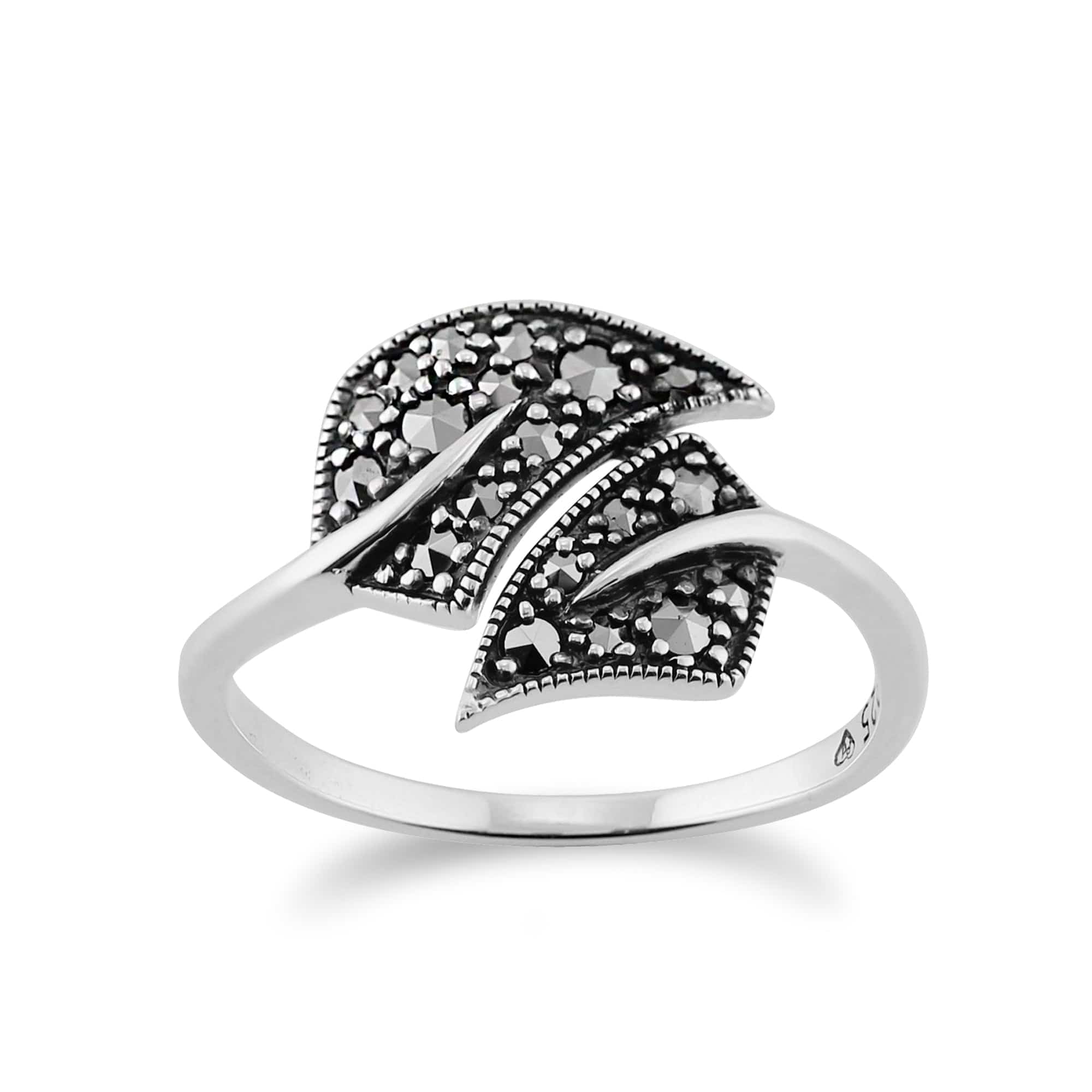 Product photograph of Art Nouveau Style Round Marcasite Leaf Ring In 925 Sterling Silver from Gemondo Jewellery