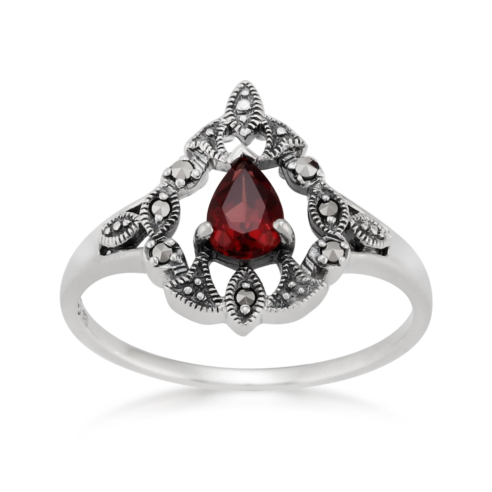 Product photograph of Victorian Style Pear Garnet Marcasite Garland Statement Ring In Silver from Gemondo Jewellery