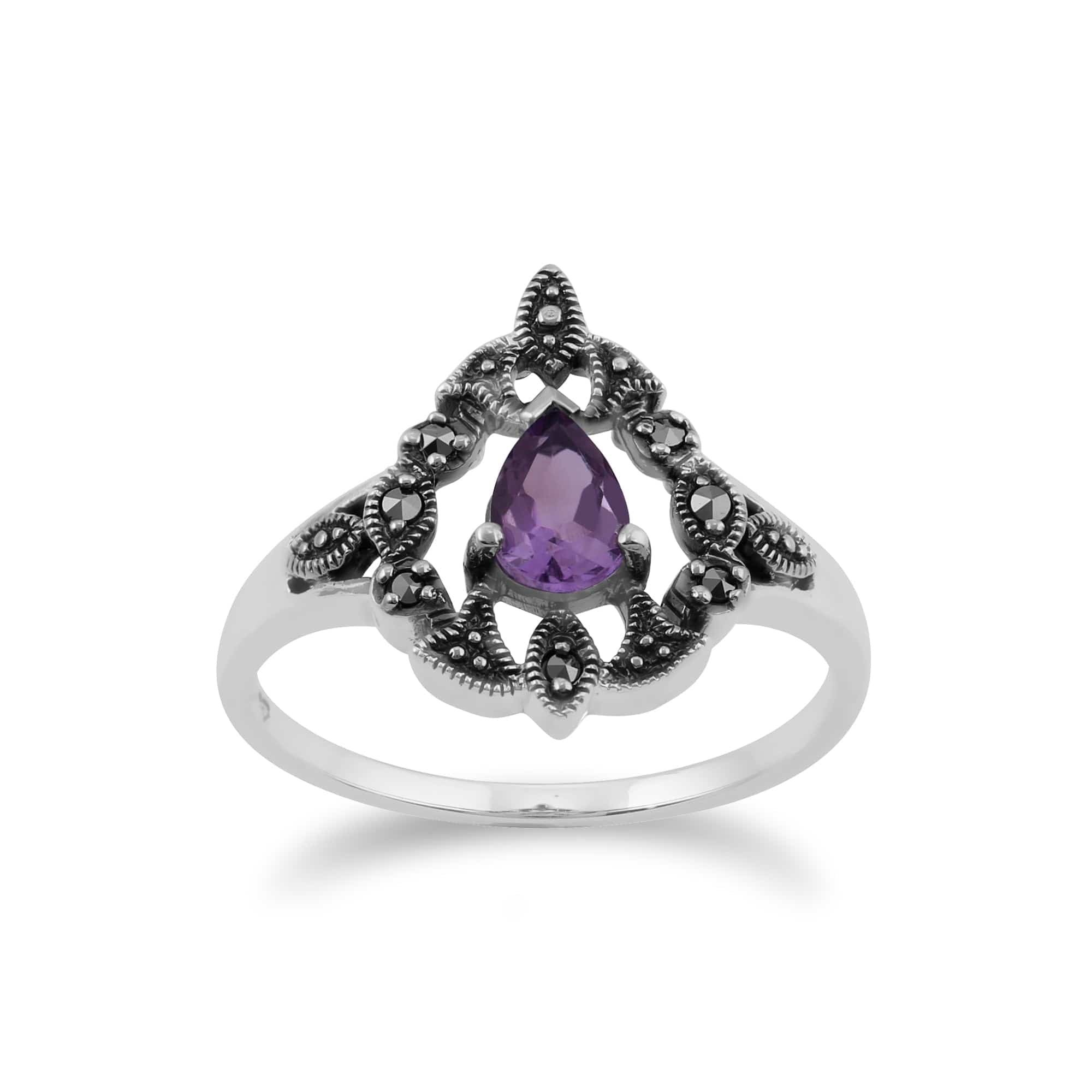 Product photograph of Art Nouveau Style Pear Amethyst Marcasite Statement Ring In 925 Sterling Silver from Gemondo Jewellery