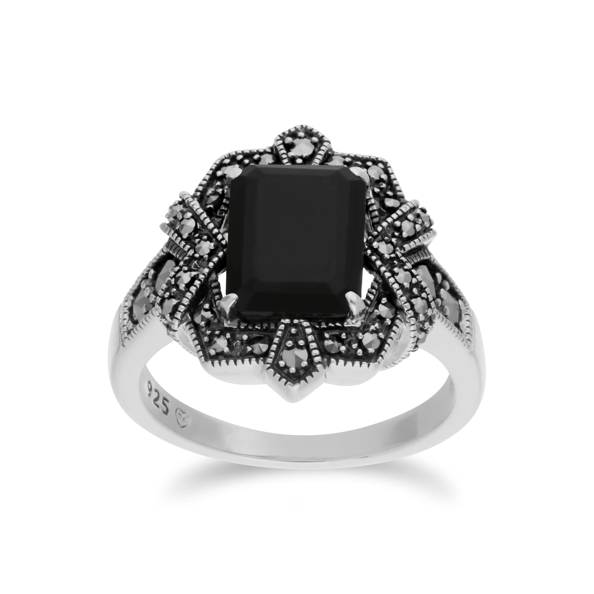 Image of Art Deco Style Baguette Black Onyx & Marcasite Ring in 925 Sterling Silver