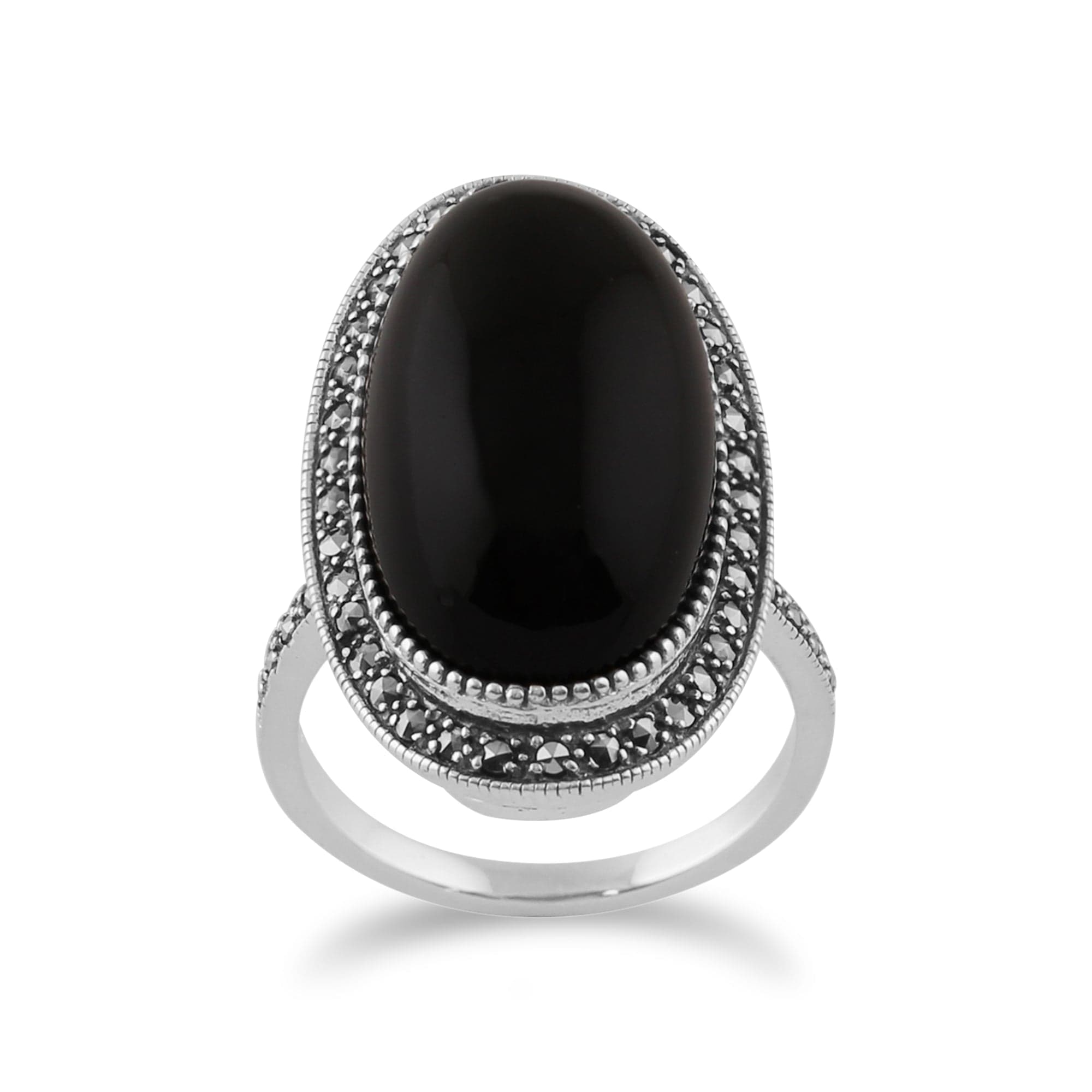 Product photograph of Art Deco Style Black Onyx Cabochon Marcasite Cocktail Ring from Gemondo Jewellery