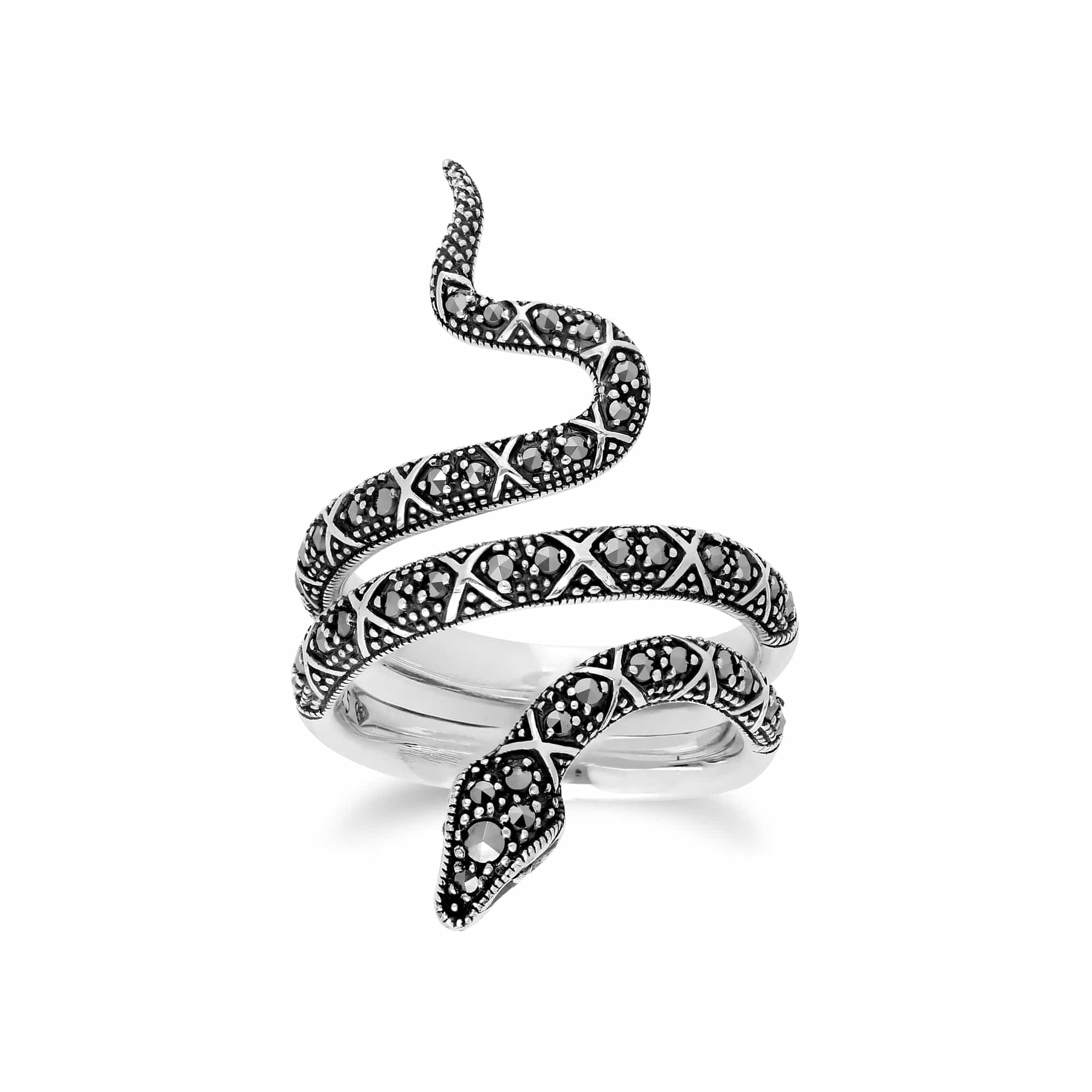 Product photograph of Art Nouveau Style Round Marcasite Snake Statement Ring In 925 Sterling Silver from Gemondo Jewellery